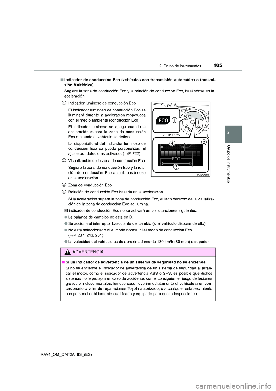 TOYOTA RAV4 2016 Manual del propietario (in Spanish) 1052. Grupo de instrumentos
2
Grupo de instrumentos
RAV4_OM_OM42A48S_(ES)
■Indicador de conducción Eco (vehículos con transmisión automática o transmi-
sión Multidrive)
Sugiere la zona de condu TOYOTA RAV4 2016 Manual del propietario (in Spanish) 1052. Grupo de instrumentos
2
Grupo de instrumentos
RAV4_OM_OM42A48S_(ES)
■Indicador de conducción Eco (vehículos con transmisión automática o transmi-
sión Multidrive)
Sugiere la zona de condu