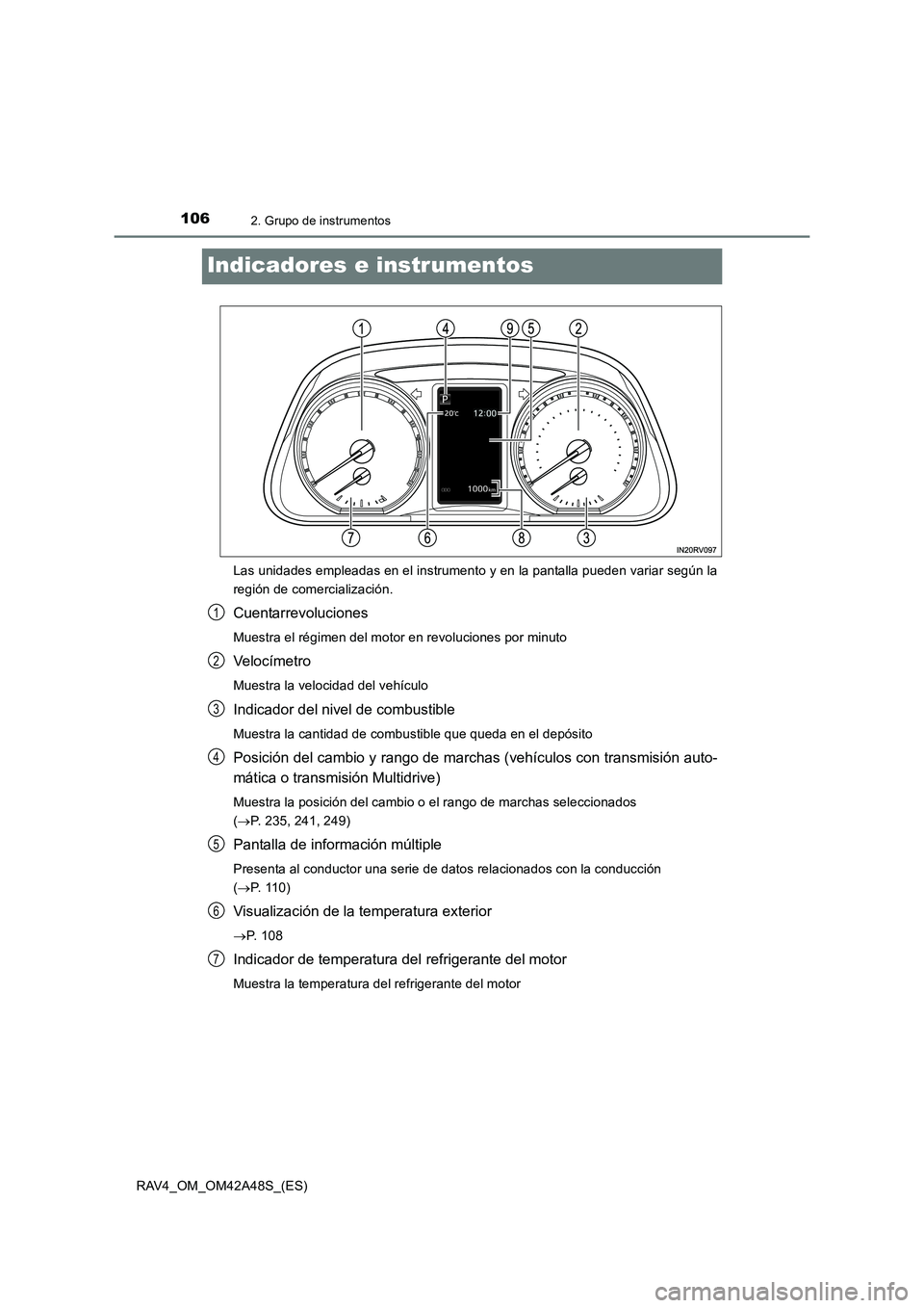 TOYOTA RAV4 2016 Manual del propietario (in Spanish) 1062. Grupo de instrumentos
RAV4_OM_OM42A48S_(ES)
Indicadores e instrumentos
Las unidades empleadas en el instrumento y en la pantalla pueden variar según la
región de comercialización.
Cuentarrevo TOYOTA RAV4 2016 Manual del propietario (in Spanish) 1062. Grupo de instrumentos
RAV4_OM_OM42A48S_(ES)
Indicadores e instrumentos
Las unidades empleadas en el instrumento y en la pantalla pueden variar según la
región de comercialización.
Cuentarrevo