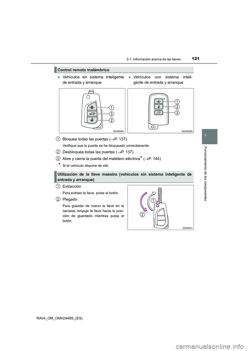 TOYOTA RAV4 2016  Manual del propietario (in Spanish) 1213-1. Información acerca de las llaves
3
Funcionamiento de los componentes
RAV4_OM_OM42A48S_(ES)
Bloquea todas las puertas (→P. 137)
Verifique que la puerta se ha bloqueado correctamente.
Desbloq