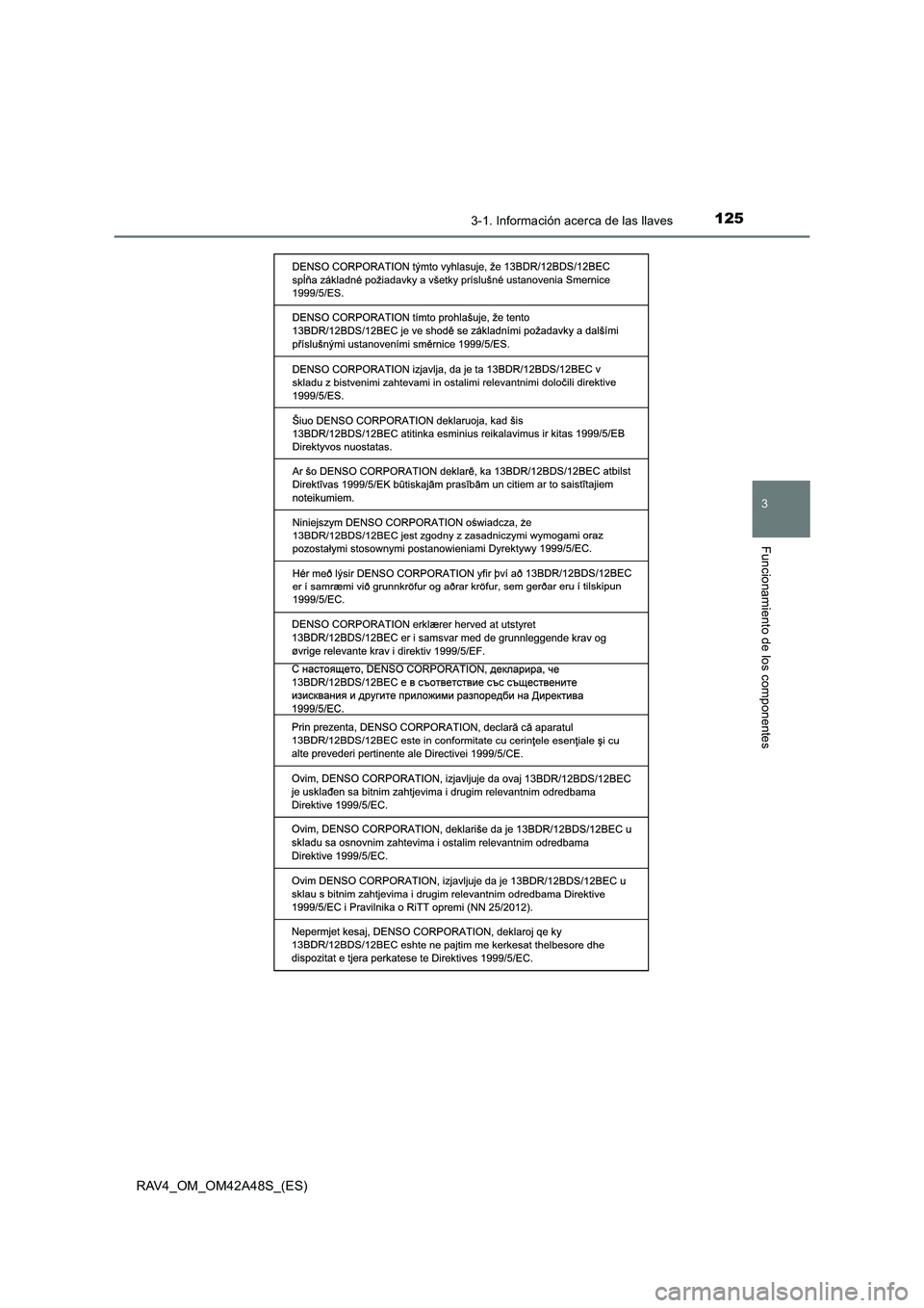 TOYOTA RAV4 2016  Manual del propietario (in Spanish) 1253-1. Información acerca de las llaves
3
Funcionamiento de los componentes
RAV4_OM_OM42A48S_(ES) 