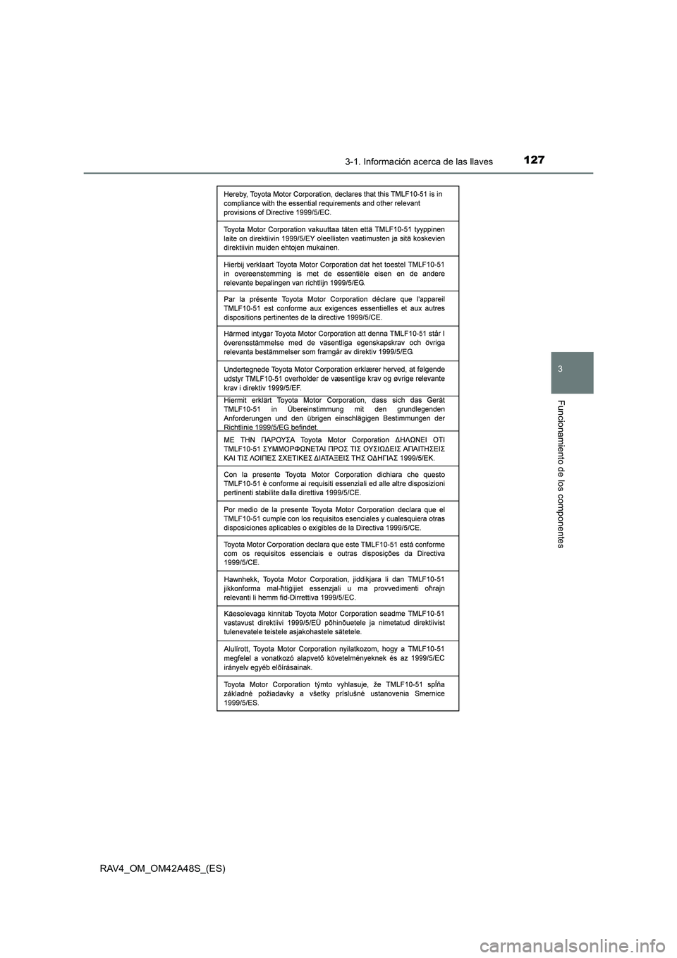 TOYOTA RAV4 2016  Manual del propietario (in Spanish) 1273-1. Información acerca de las llaves
3
Funcionamiento de los componentes
RAV4_OM_OM42A48S_(ES) 
