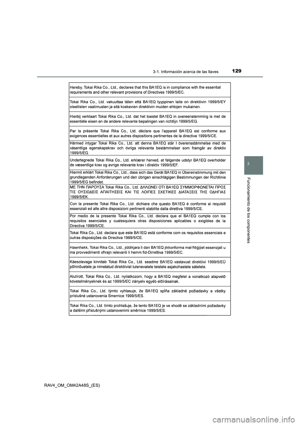 TOYOTA RAV4 2016  Manual del propietario (in Spanish) 1293-1. Información acerca de las llaves
3
Funcionamiento de los componentes
RAV4_OM_OM42A48S_(ES) 