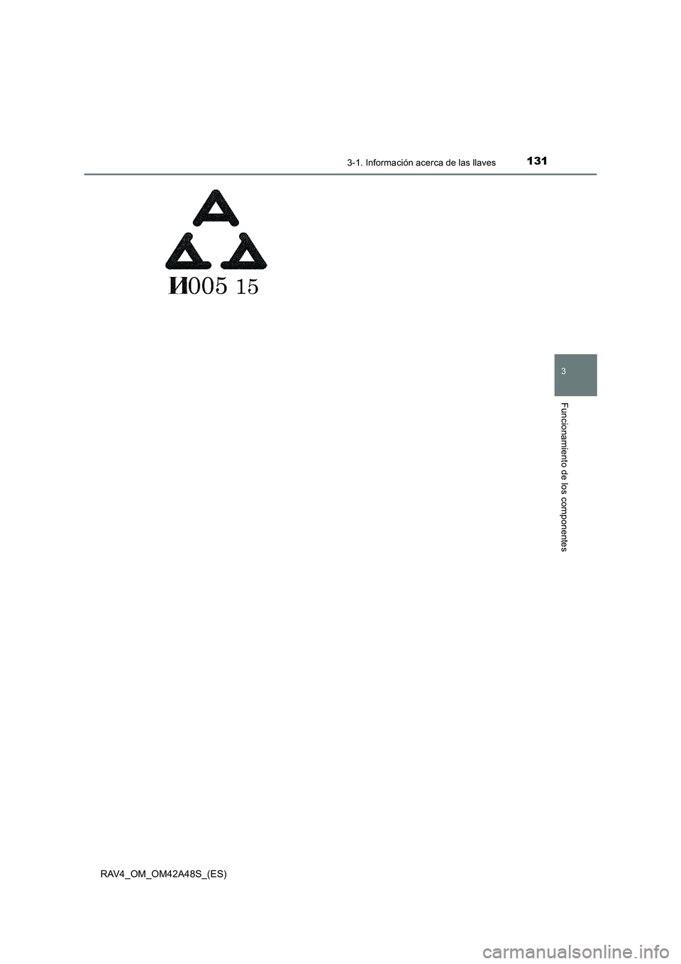 TOYOTA RAV4 2016  Manual del propietario (in Spanish) 1313-1. Información acerca de las llaves
3
Funcionamiento de los componentes
RAV4_OM_OM42A48S_(ES) 