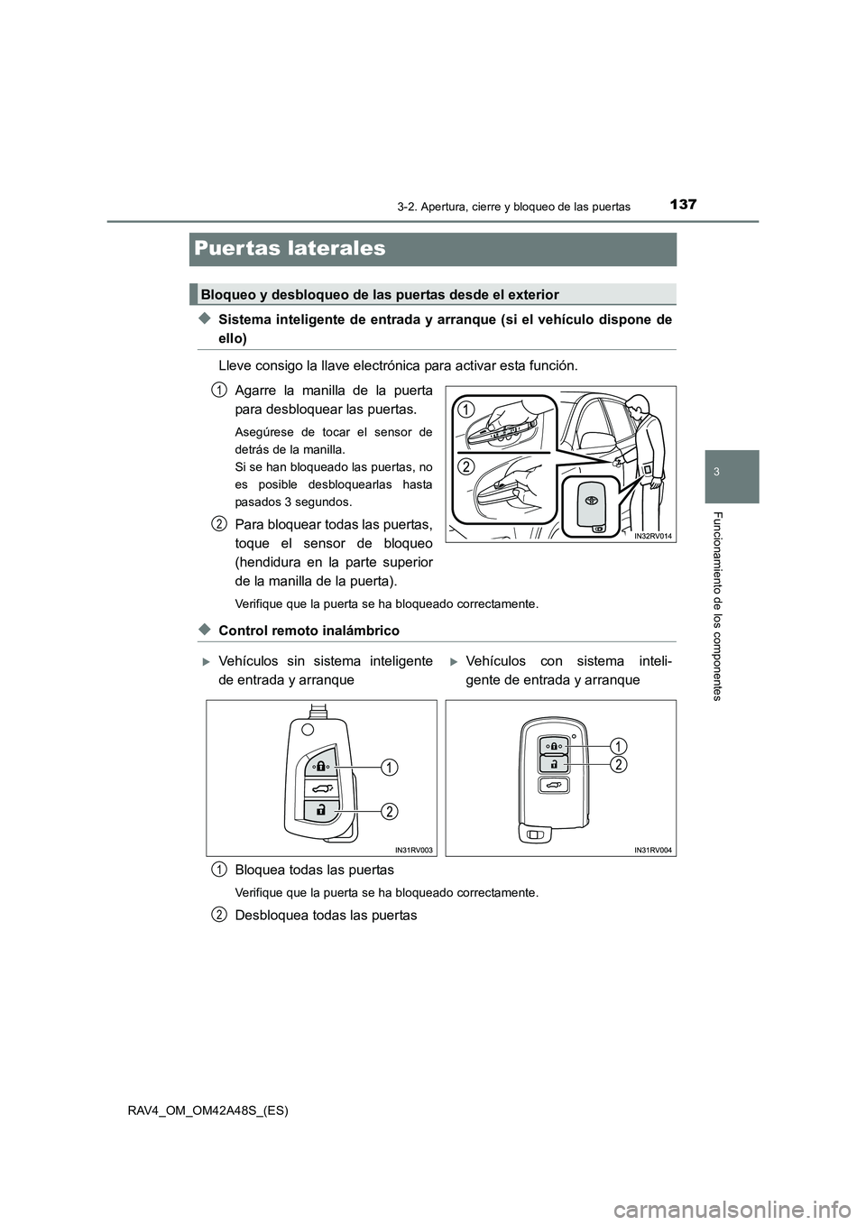 TOYOTA RAV4 2016  Manual del propietario (in Spanish) 137
3
3-2. Apertura, cierre y bloqueo de las puertas
Funcionamiento de los componentes
RAV4_OM_OM42A48S_(ES)
Puer tas laterales
◆Sistema inteligente de entrada y arranque (si el vehículo dispone de
