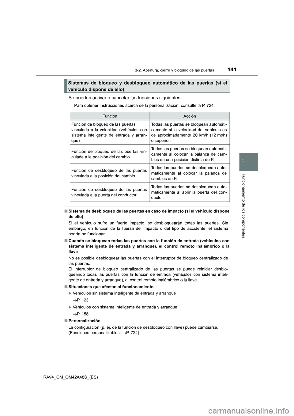TOYOTA RAV4 2016  Manual del propietario (in Spanish) 1413-2. Apertura, cierre y bloqueo de las puertas
3
Funcionamiento de los componentes
RAV4_OM_OM42A48S_(ES)
Se pueden activar o cancelar las funciones siguientes:
Para obtener instrucciones acerca de 
