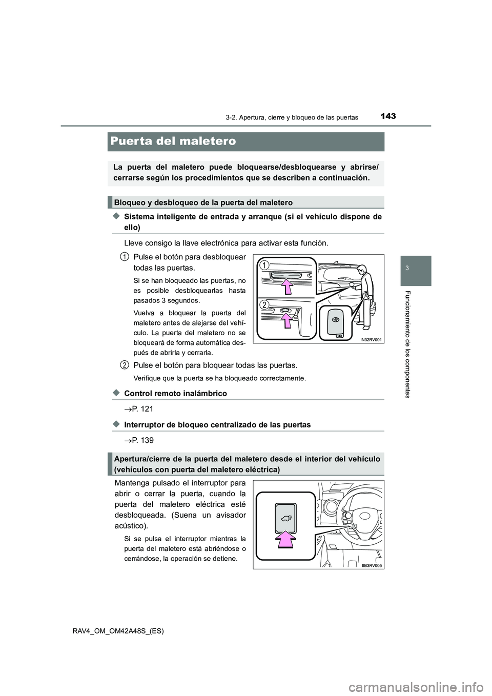 TOYOTA RAV4 2016  Manual del propietario (in Spanish) 143
3
3-2. Apertura, cierre y bloqueo de las puertas
Funcionamiento de los componentes
RAV4_OM_OM42A48S_(ES)
Puer ta del maletero
◆Sistema inteligente de entrada y arranque (si el vehículo dispone 