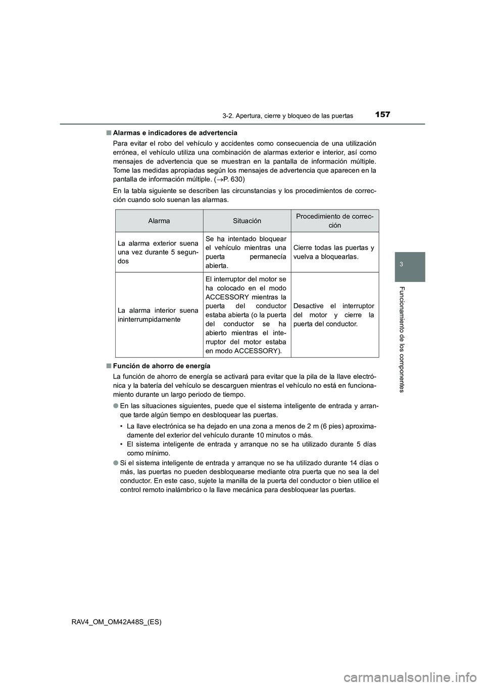 TOYOTA RAV4 2016 Manual del propietario (in Spanish) 1573-2. Apertura, cierre y bloqueo de las puertas
3
Funcionamiento de los componentes
RAV4_OM_OM42A48S_(ES)■
Alarmas e indicadores de advertencia
Para evitar el robo del vehículo y accidentes como TOYOTA RAV4 2016 Manual del propietario (in Spanish) 1573-2. Apertura, cierre y bloqueo de las puertas
3
Funcionamiento de los componentes
RAV4_OM_OM42A48S_(ES)■
Alarmas e indicadores de advertencia
Para evitar el robo del vehículo y accidentes como