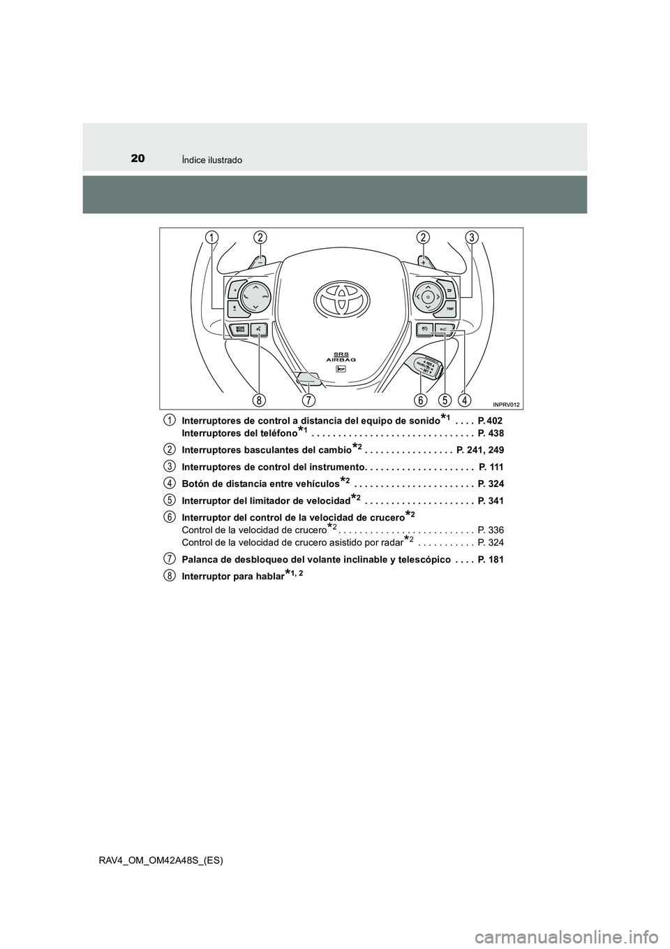 TOYOTA RAV4 2016 Manual del propietario (in Spanish) 20Índice ilustrado
RAV4_OM_OM42A48S_(ES)Interruptores de control a distancia del equipo de sonido
*1 . . . . P. 402
Interruptores del teléfono
*1 . . . . . . . . . . . . . . . . . . . . . . . . . TOYOTA RAV4 2016 Manual del propietario (in Spanish) 20Índice ilustrado
RAV4_OM_OM42A48S_(ES)Interruptores de control a distancia del equipo de sonido
*1 . . . . P. 402
Interruptores del teléfono
*1 . . . . . . . . . . . . . . . . . . . . . . . . .