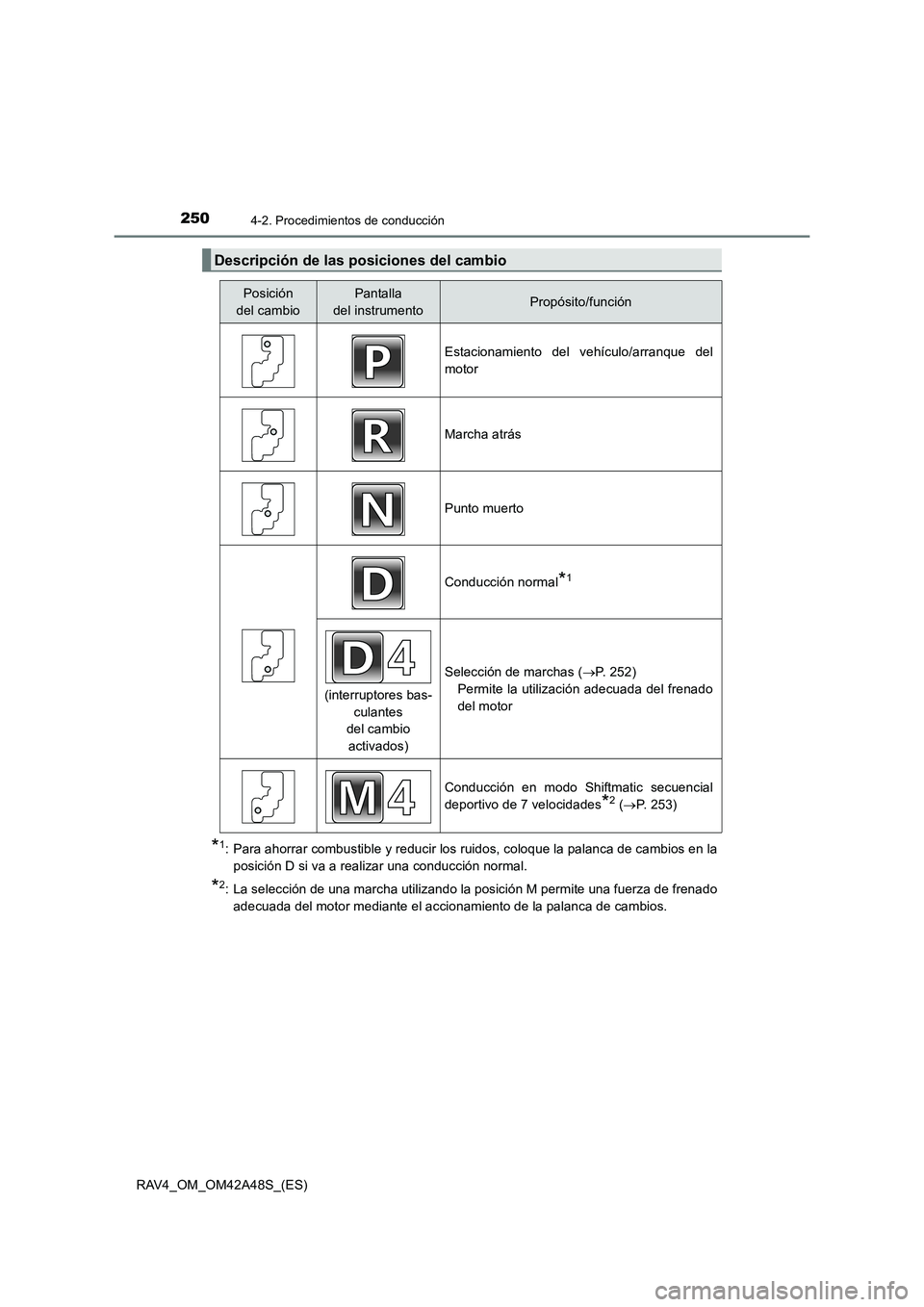 TOYOTA RAV4 2016  Manual del propietario (in Spanish) 2504-2. Procedimientos de conducción
RAV4_OM_OM42A48S_(ES)
*1: Para ahorrar combustible y reducir los ruidos, coloque la palanca de cambios en laposición D si va a realizar una conducción normal.
*
