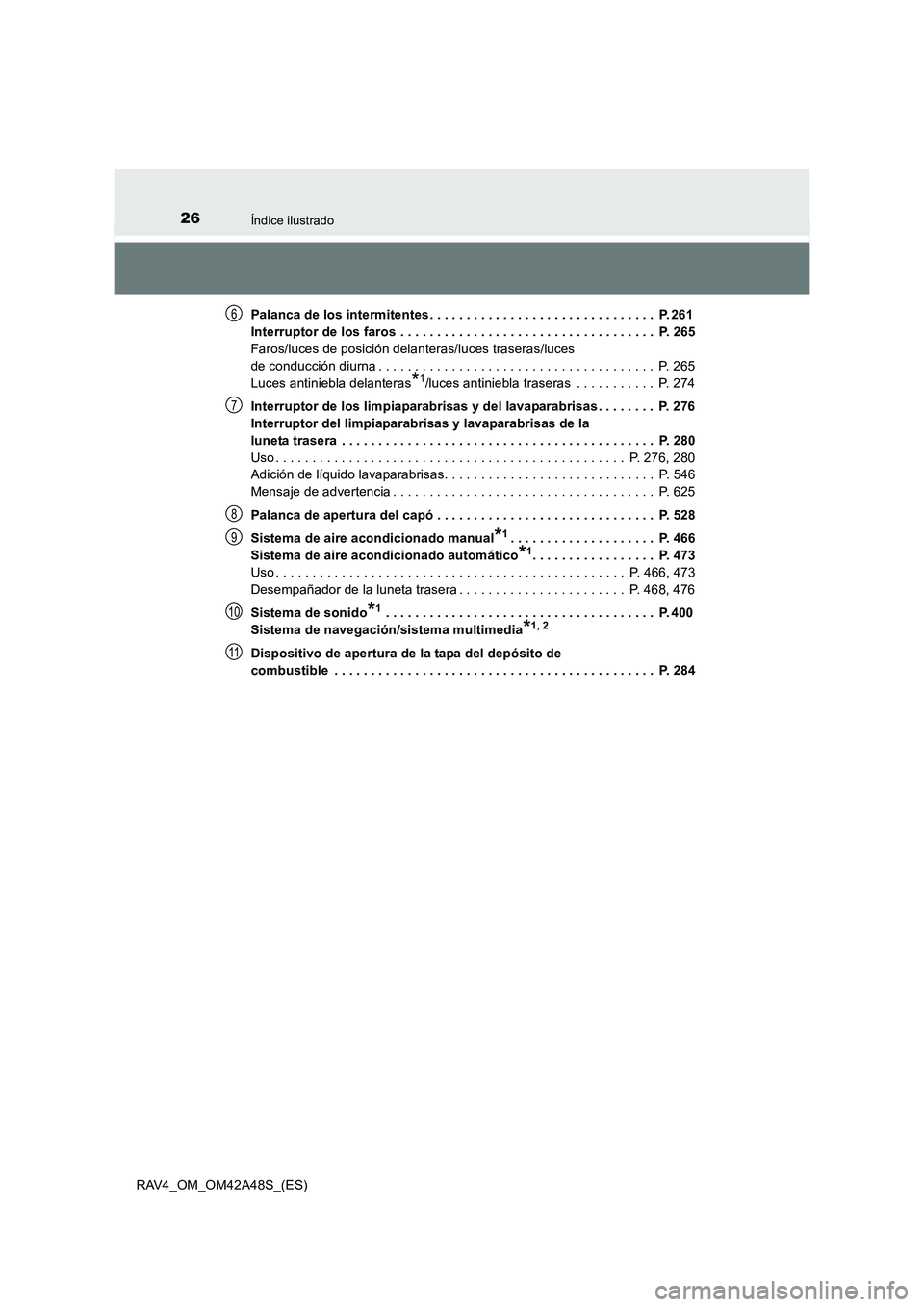 TOYOTA RAV4 2016  Manual del propietario (in Spanish) 26Índice ilustrado
RAV4_OM_OM42A48S_(ES)Palanca de los intermitentes . . . . . . . . . . . . . . . . . . . . . . . . . . . . . . .  P. 261 
Interruptor de los faros  . . . . . . . . . . . . . . . . .
