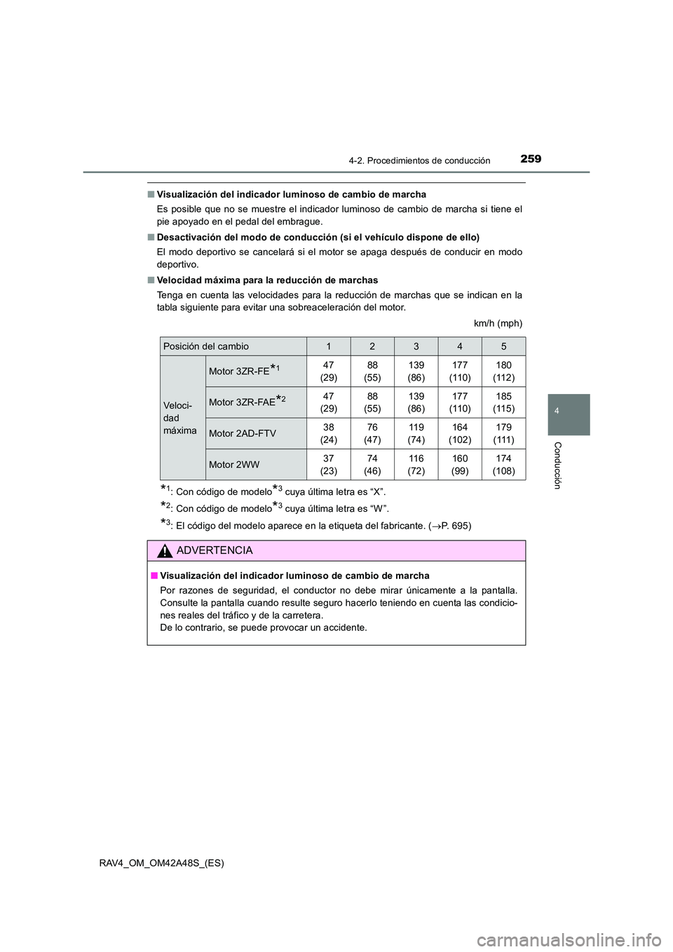 TOYOTA RAV4 2016 Manual del propietario (in Spanish) 2594-2. Procedimientos de conducción
4
Conducción
RAV4_OM_OM42A48S_(ES)
■Visualización del indicador luminoso de cambio de marcha
Es posible que no se muestre el indicador luminoso de cambio de m TOYOTA RAV4 2016 Manual del propietario (in Spanish) 2594-2. Procedimientos de conducción
4
Conducción
RAV4_OM_OM42A48S_(ES)
■Visualización del indicador luminoso de cambio de marcha
Es posible que no se muestre el indicador luminoso de cambio de m