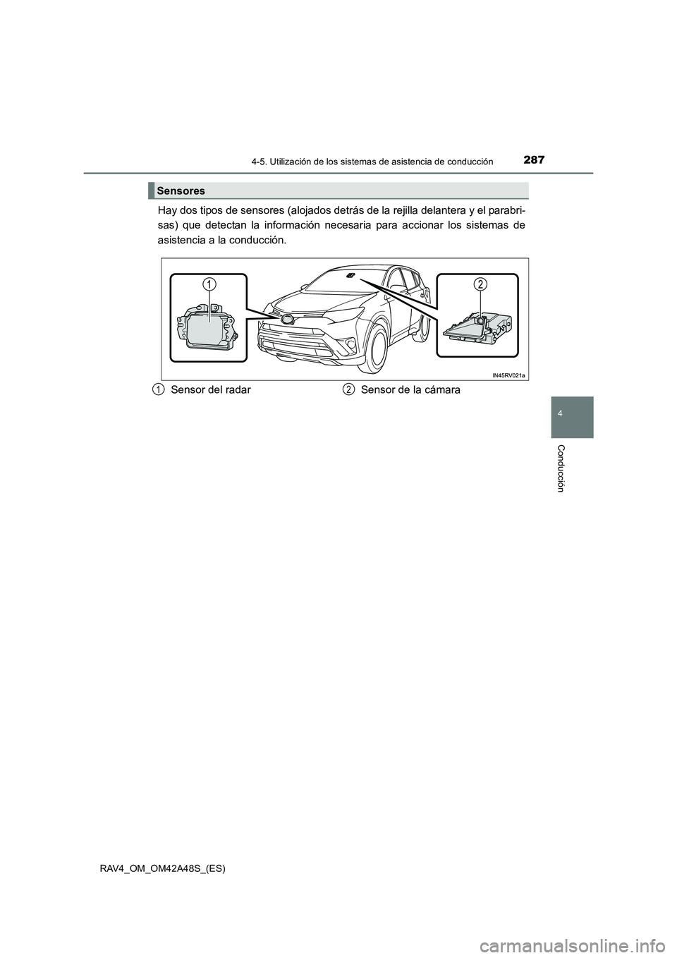 TOYOTA RAV4 2016  Manual del propietario (in Spanish) 2874-5. Utilización de los sistemas de asistencia de conducción
4
Conducción
RAV4_OM_OM42A48S_(ES)
Hay dos tipos de sensores (alojados detrás de la rejilla delantera y el parabri-
sas) que detecta