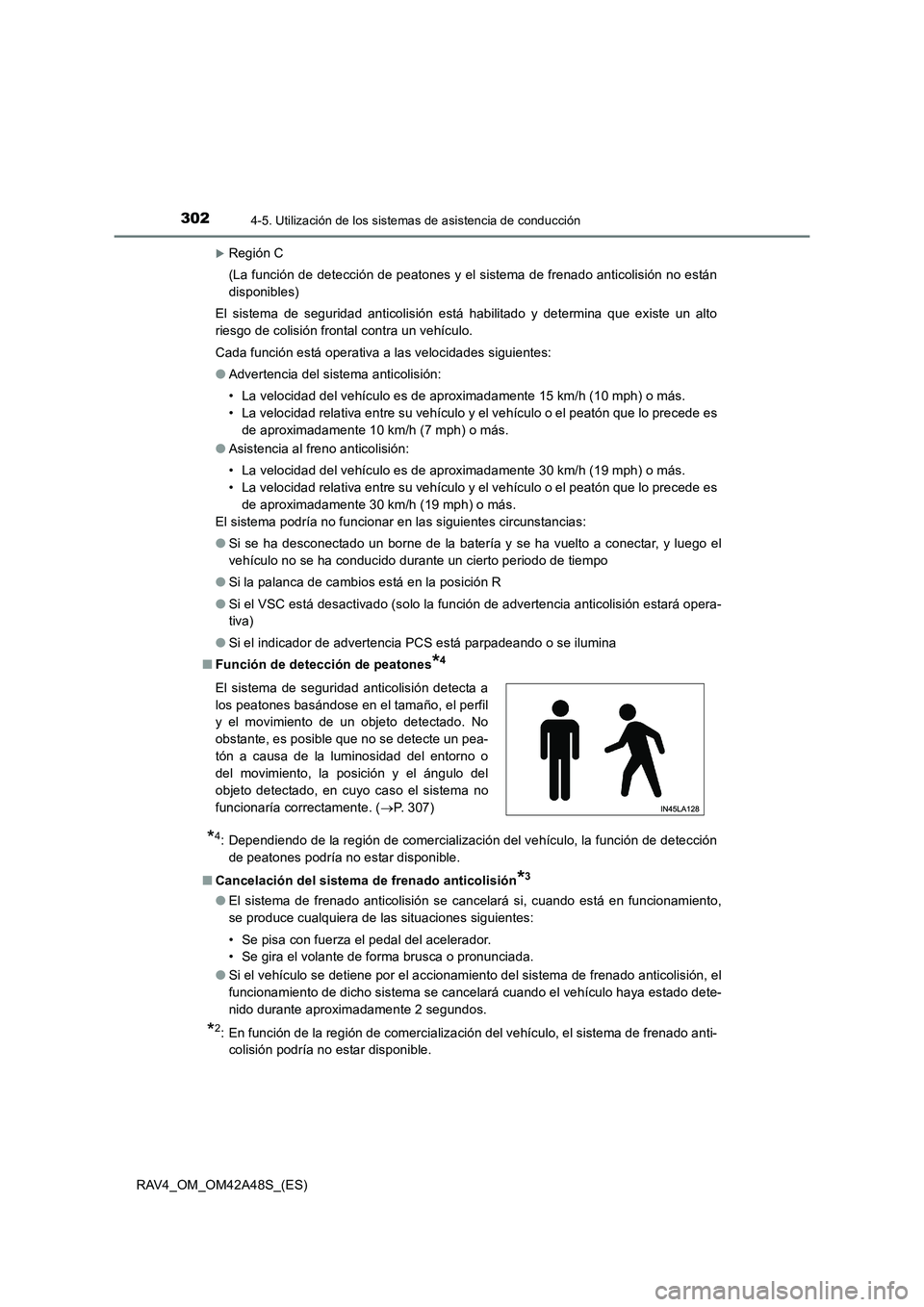 TOYOTA RAV4 2016  Manual del propietario (in Spanish) 3024-5. Utilización de los sistemas de asistencia de conducción
RAV4_OM_OM42A48S_(ES)
�XRegión C
(La función de detección de peatones y el sistema de frenado anticolisión no están
disponibles)
