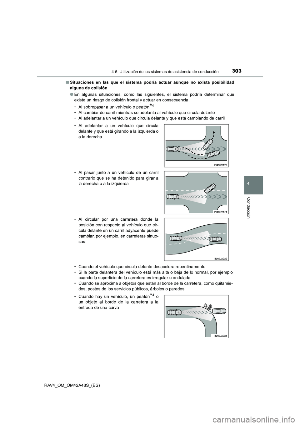 TOYOTA RAV4 2016  Manual del propietario (in Spanish) 3034-5. Utilización de los sistemas de asistencia de conducción
4
Conducción
RAV4_OM_OM42A48S_(ES)■
Situaciones en las que el sistema podría actuar aunque no exista posibilidad
alguna de colisi