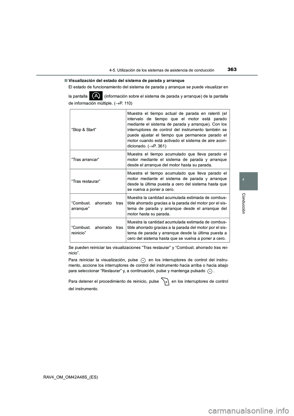 TOYOTA RAV4 2016  Manual del propietario (in Spanish) 3634-5. Utilización de los sistemas de asistencia de conducción
4
Conducción
RAV4_OM_OM42A48S_(ES)■
Visualización del estado del sistema de parada y arranque
El estado de funcionamiento del sist