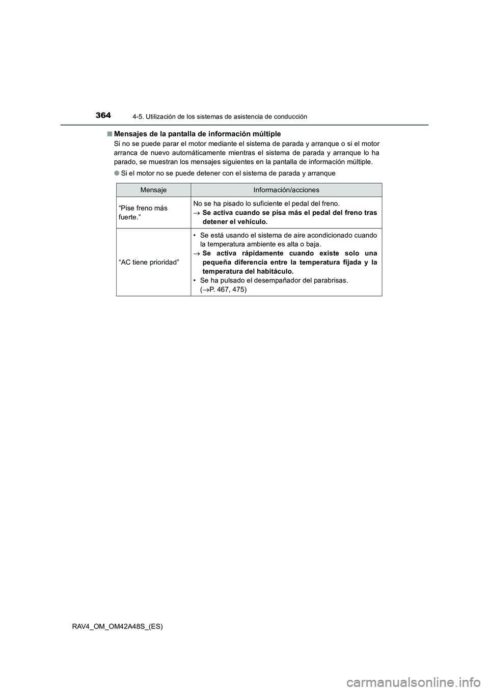 TOYOTA RAV4 2016  Manual del propietario (in Spanish) 3644-5. Utilización de los sistemas de asistencia de conducción
RAV4_OM_OM42A48S_(ES)■
Mensajes de la pantalla de información múltiple
Si no se puede parar el motor mediante el sistema de parada