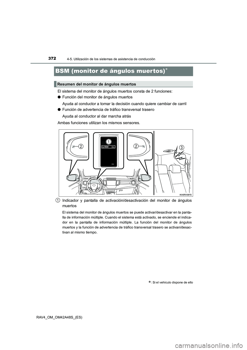 TOYOTA RAV4 2016 Manual del propietario (in Spanish) 3724-5. Utilización de los sistemas de asistencia de conducción
RAV4_OM_OM42A48S_(ES)
BSM (monitor de ángulos muer tos)∗
El sistema del monitor de ángulos muertos consta de 2 funciones:
●Funci TOYOTA RAV4 2016 Manual del propietario (in Spanish) 3724-5. Utilización de los sistemas de asistencia de conducción
RAV4_OM_OM42A48S_(ES)
BSM (monitor de ángulos muer tos)∗
El sistema del monitor de ángulos muertos consta de 2 funciones:
●Funci