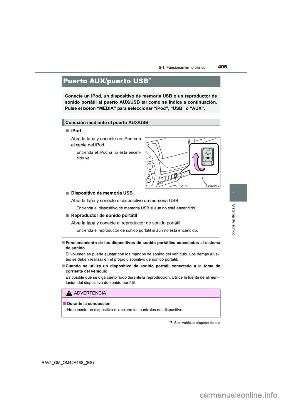 TOYOTA RAV4 2016  Manual del propietario (in Spanish) 405
5
5-1. Funcionamiento básico
Sistema de sonido
RAV4_OM_OM42A48S_(ES)
Puer to AUX/puerto USB∗
■iPod
Abra la tapa y conecte un iPod con
el cable del iPod.
Encienda el iPod si no está encen-
di