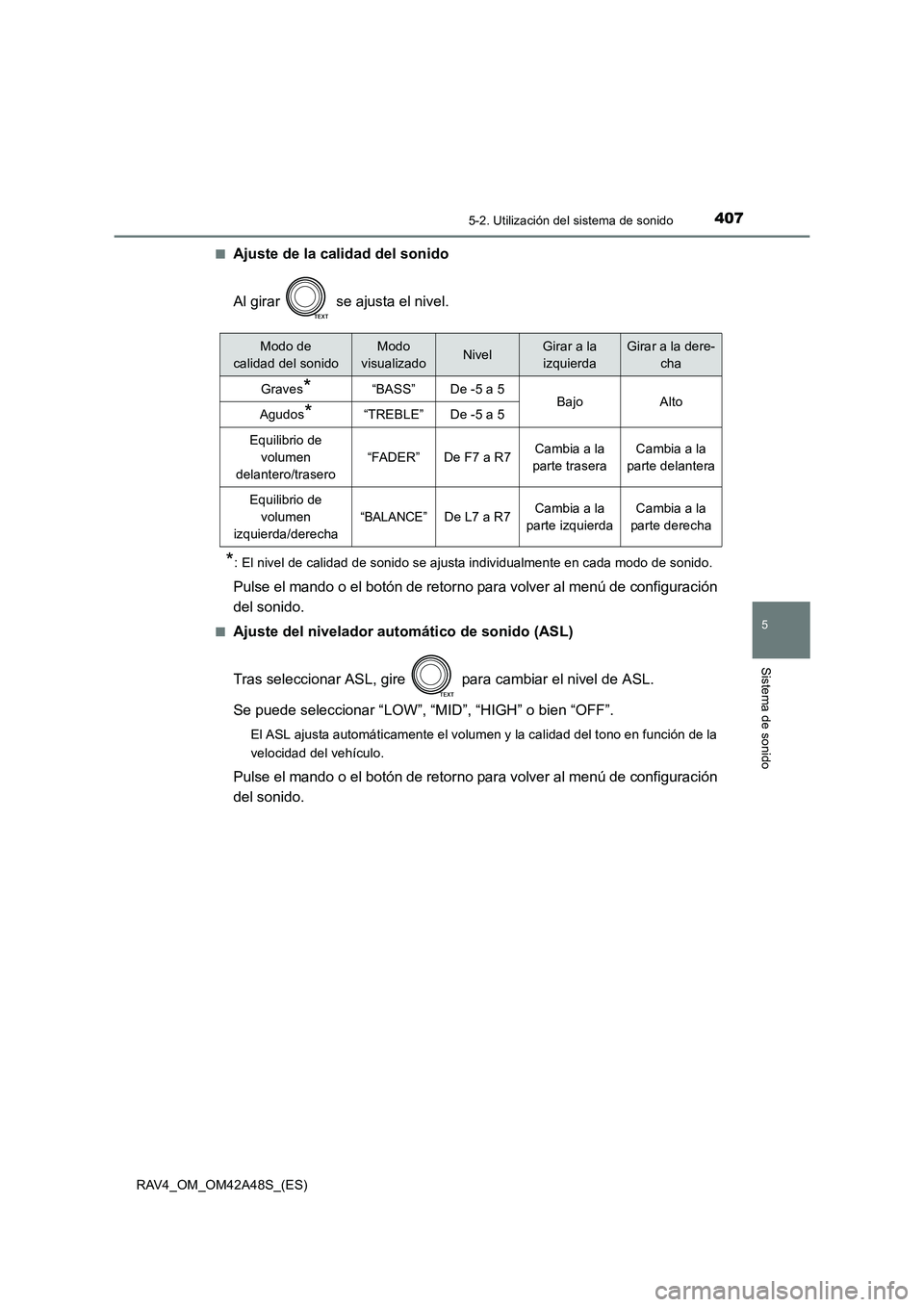 TOYOTA RAV4 2016  Manual del propietario (in Spanish) 4075-2. Utilización del sistema de sonido
5
Sistema de sonido
RAV4_OM_OM42A48S_(ES)■
Ajuste de la calidad del sonido
Al girar   se ajusta el nivel.
*: El nivel de calidad de sonido se ajusta indivi