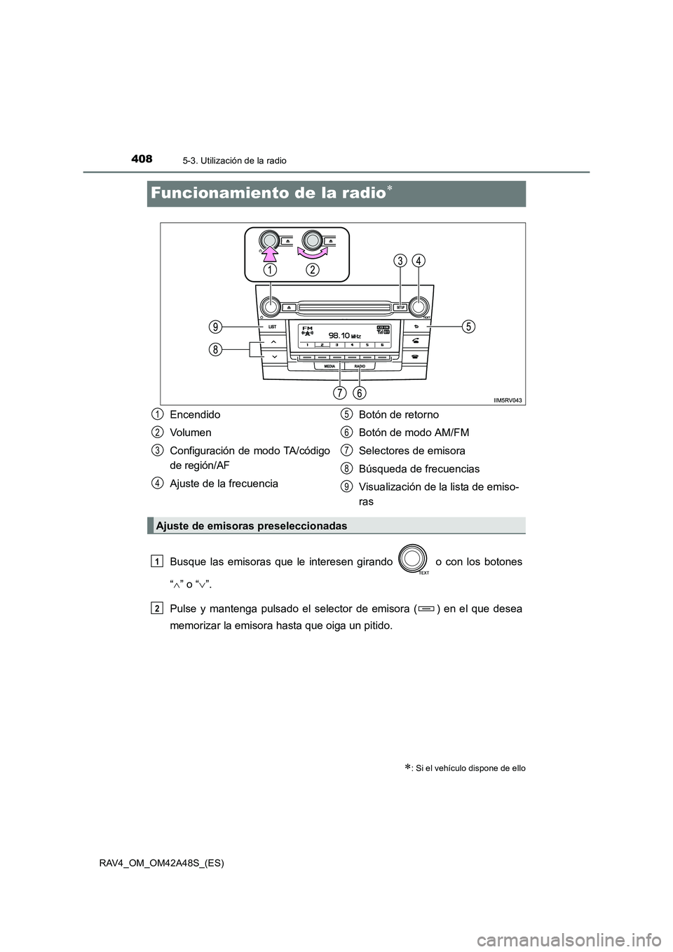 TOYOTA RAV4 2016  Manual del propietario (in Spanish) 4085-3. Utilización de la radio
RAV4_OM_OM42A48S_(ES)
Funcionamiento de la radio∗
Busque las emisoras que le interesen girando   o con los botones
“∧ ” o “ ∨”.
Pulse y mantenga pulsado 