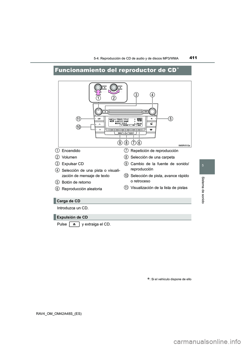 TOYOTA RAV4 2016  Manual del propietario (in Spanish) 411
5
5-4. Reproducción de CD de audio y de discos MP3/WMA
Sistema de sonido
RAV4_OM_OM42A48S_(ES)
Funcionamiento del reproductor de CD∗
Introduzca un CD.
Pulse   y extraiga el CD.
∗: Si el vehí