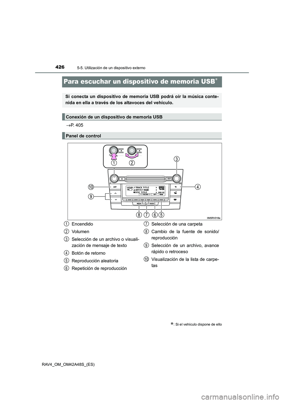 TOYOTA RAV4 2016 Manual del propietario (in Spanish) 4265-5. Utilización de un dispositivo externo
RAV4_OM_OM42A48S_(ES)
Para escuchar un dispositivo de memoria USB∗
→P. 405
∗: Si el vehículo dispone de ello
Si conecta un dispositivo de memoria TOYOTA RAV4 2016 Manual del propietario (in Spanish) 4265-5. Utilización de un dispositivo externo
RAV4_OM_OM42A48S_(ES)
Para escuchar un dispositivo de memoria USB∗
→P. 405
∗: Si el vehículo dispone de ello
Si conecta un dispositivo de memoria