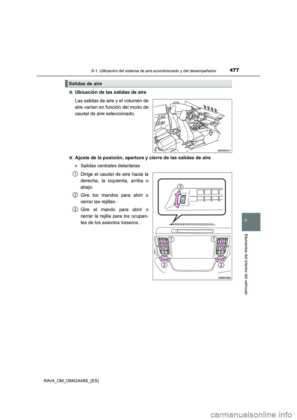 TOYOTA RAV4 2016  Manual del propietario (in Spanish) 4776-1. Utilización del sistema de aire acondicionado y del desempañador
6
Elementos del interior del vehículo
RAV4_OM_OM42A48S_(ES)■
Ubicación de las salidas de aire
Las salidas de aire y el vo