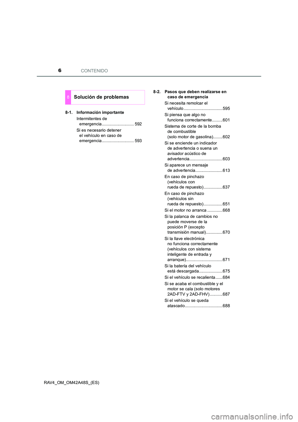 TOYOTA RAV4 2016 Manual del propietario (in Spanish) CONTENIDO6
RAV4_OM_OM42A48S_(ES)8-1. Información importante
Intermitentes de emergencia ........................... 592
Si es necesario detener el vehículo en caso de
emergencia .................. TOYOTA RAV4 2016 Manual del propietario (in Spanish) CONTENIDO6
RAV4_OM_OM42A48S_(ES)8-1. Información importante
Intermitentes de emergencia ........................... 592
Si es necesario detener el vehículo en caso de
emergencia ..................