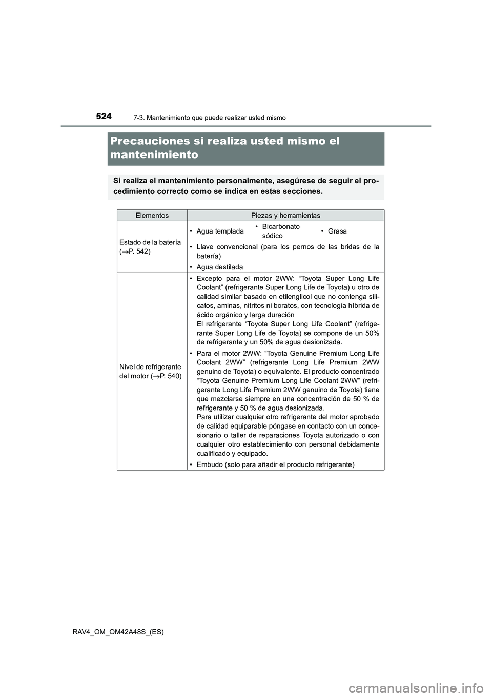 TOYOTA RAV4 2016 Manual del propietario (in Spanish) 5247-3. Mantenimiento que puede realizar usted mismo
RAV4_OM_OM42A48S_(ES)
Precauciones si realiza usted mismo el
mantenimiento
Si realiza el mantenimiento personalmente, asegúrese de seguir el pro- TOYOTA RAV4 2016 Manual del propietario (in Spanish) 5247-3. Mantenimiento que puede realizar usted mismo
RAV4_OM_OM42A48S_(ES)
Precauciones si realiza usted mismo el
mantenimiento
Si realiza el mantenimiento personalmente, asegúrese de seguir el pro-