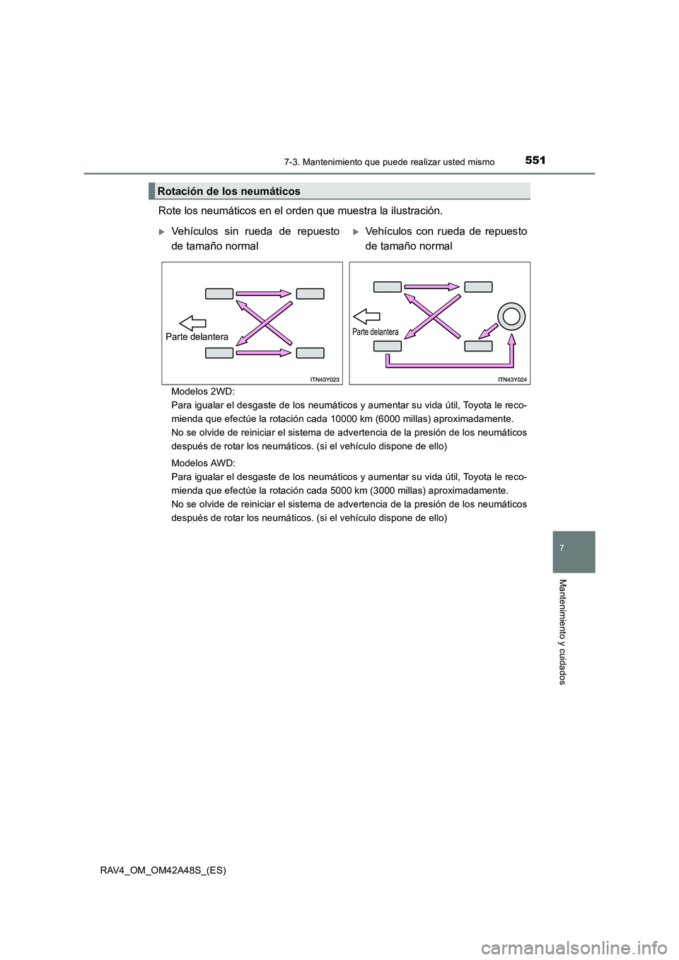 TOYOTA RAV4 2016 Manual del propietario (in Spanish) 5517-3. Mantenimiento que puede realizar usted mismo
RAV4_OM_OM42A48S_(ES)
7
Mantenimiento y cuidados
Rote los neumáticos en el orden que muestra la ilustración.
Modelos 2WD:
Para igualar el desga TOYOTA RAV4 2016 Manual del propietario (in Spanish) 5517-3. Mantenimiento que puede realizar usted mismo
RAV4_OM_OM42A48S_(ES)
7
Mantenimiento y cuidados
Rote los neumáticos en el orden que muestra la ilustración.
Modelos 2WD:
Para igualar el desga