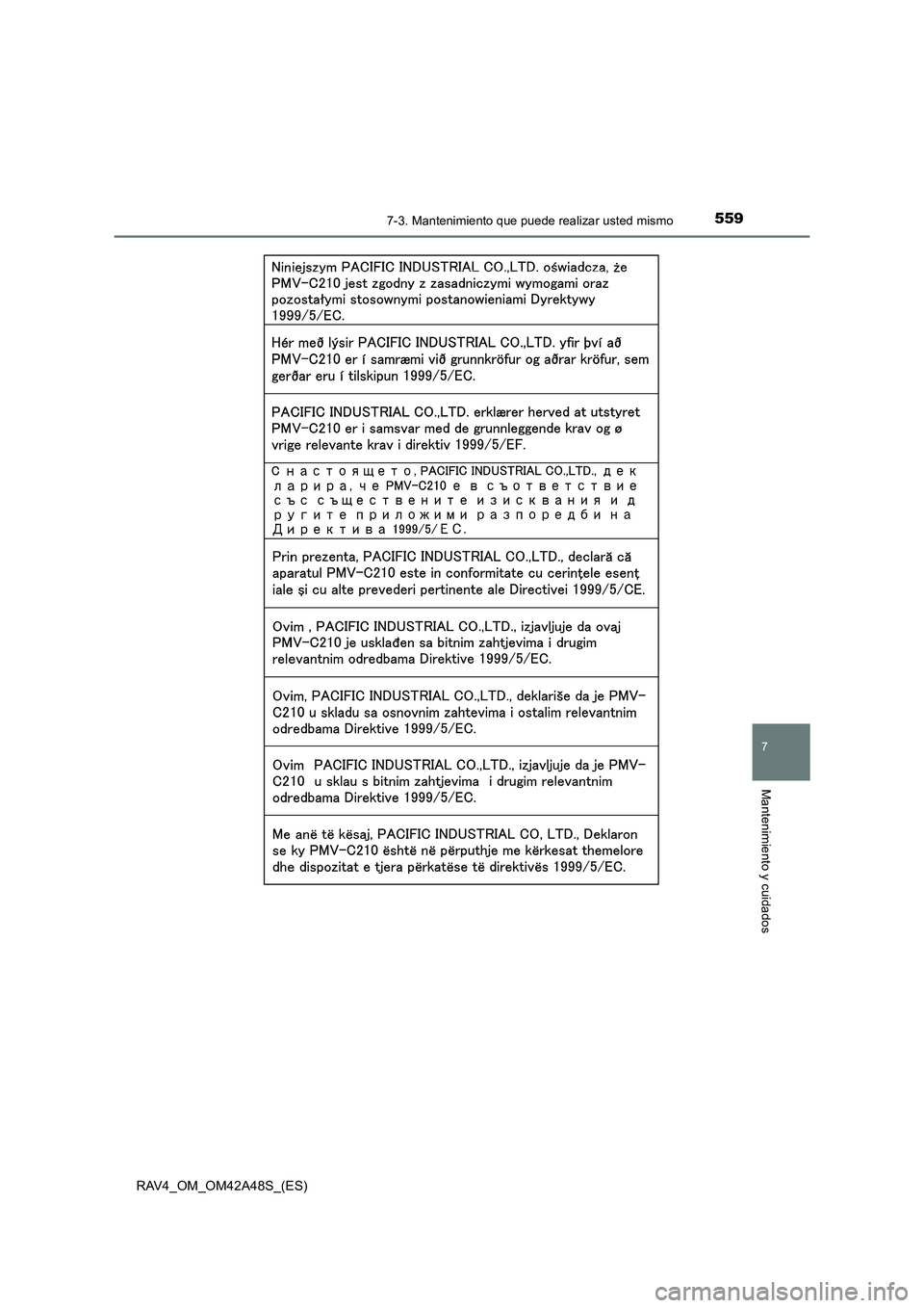 TOYOTA RAV4 2016 Manual del propietario (in Spanish) 5597-3. Mantenimiento que puede realizar usted mismo
RAV4_OM_OM42A48S_(ES)
7
Mantenimiento y cuidados TOYOTA RAV4 2016 Manual del propietario (in Spanish) 5597-3. Mantenimiento que puede realizar usted mismo
RAV4_OM_OM42A48S_(ES)
7
Mantenimiento y cuidados