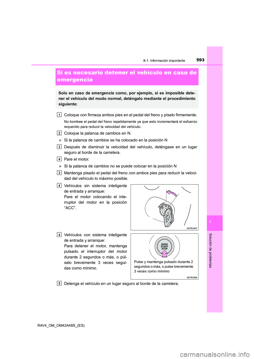 TOYOTA RAV4 2016 Manual del propietario (in Spanish) 593
8
8-1. Información importante
Solución de problemas
RAV4_OM_OM42A48S_(ES)
Si es necesario detener el vehículo en caso de
emergencia
Coloque con firmeza ambos pies en el pedal del freno y píse TOYOTA RAV4 2016 Manual del propietario (in Spanish) 593
8
8-1. Información importante
Solución de problemas
RAV4_OM_OM42A48S_(ES)
Si es necesario detener el vehículo en caso de
emergencia
Coloque con firmeza ambos pies en el pedal del freno y píse