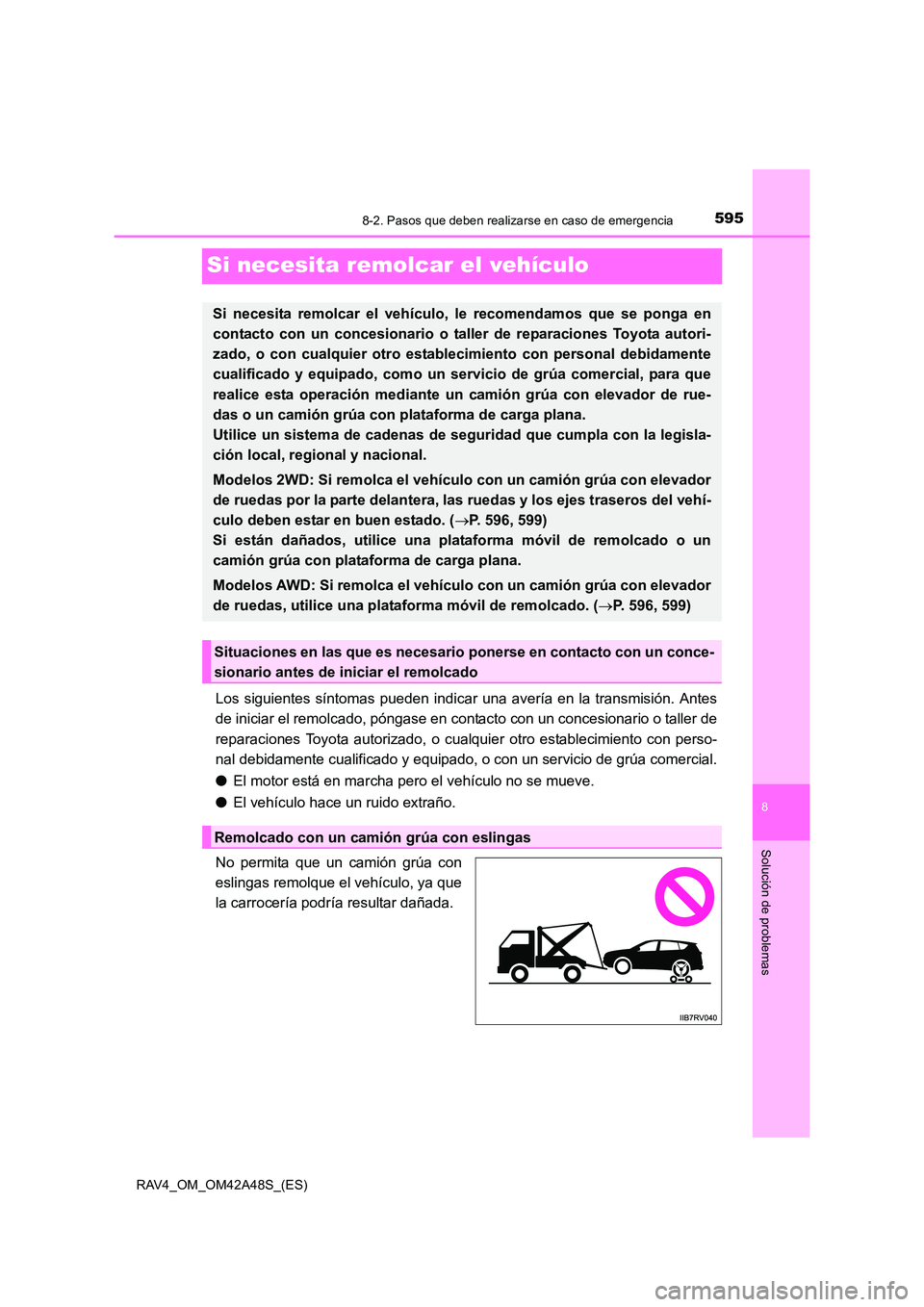 TOYOTA RAV4 2016 Manual del propietario (in Spanish) 5958-2. Pasos que deben realizarse en caso de emergencia
8
Solución de problemas
RAV4_OM_OM42A48S_(ES)
Si necesita remolcar el vehículo
Los siguientes síntomas pueden indicar una avería en la tran TOYOTA RAV4 2016 Manual del propietario (in Spanish) 5958-2. Pasos que deben realizarse en caso de emergencia
8
Solución de problemas
RAV4_OM_OM42A48S_(ES)
Si necesita remolcar el vehículo
Los siguientes síntomas pueden indicar una avería en la tran