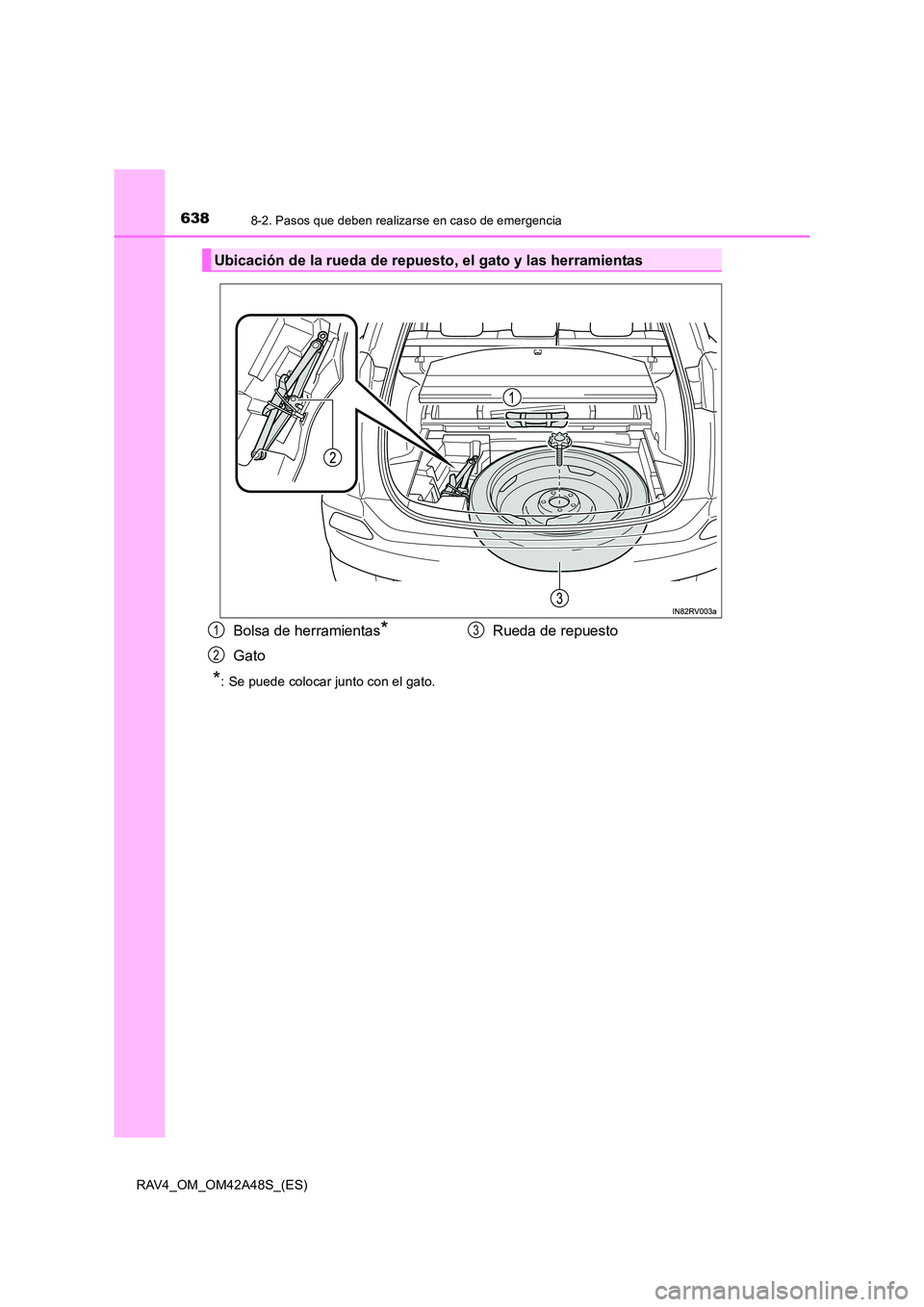TOYOTA RAV4 2016 Manual del propietario (in Spanish) 6388-2. Pasos que deben realizarse en caso de emergencia
RAV4_OM_OM42A48S_(ES)
*: Se puede colocar junto con el gato.
Ubicación de la rueda de repuesto, el gato y las herramientas
Bolsa de herramient TOYOTA RAV4 2016 Manual del propietario (in Spanish) 6388-2. Pasos que deben realizarse en caso de emergencia
RAV4_OM_OM42A48S_(ES)
*: Se puede colocar junto con el gato.
Ubicación de la rueda de repuesto, el gato y las herramientas
Bolsa de herramient