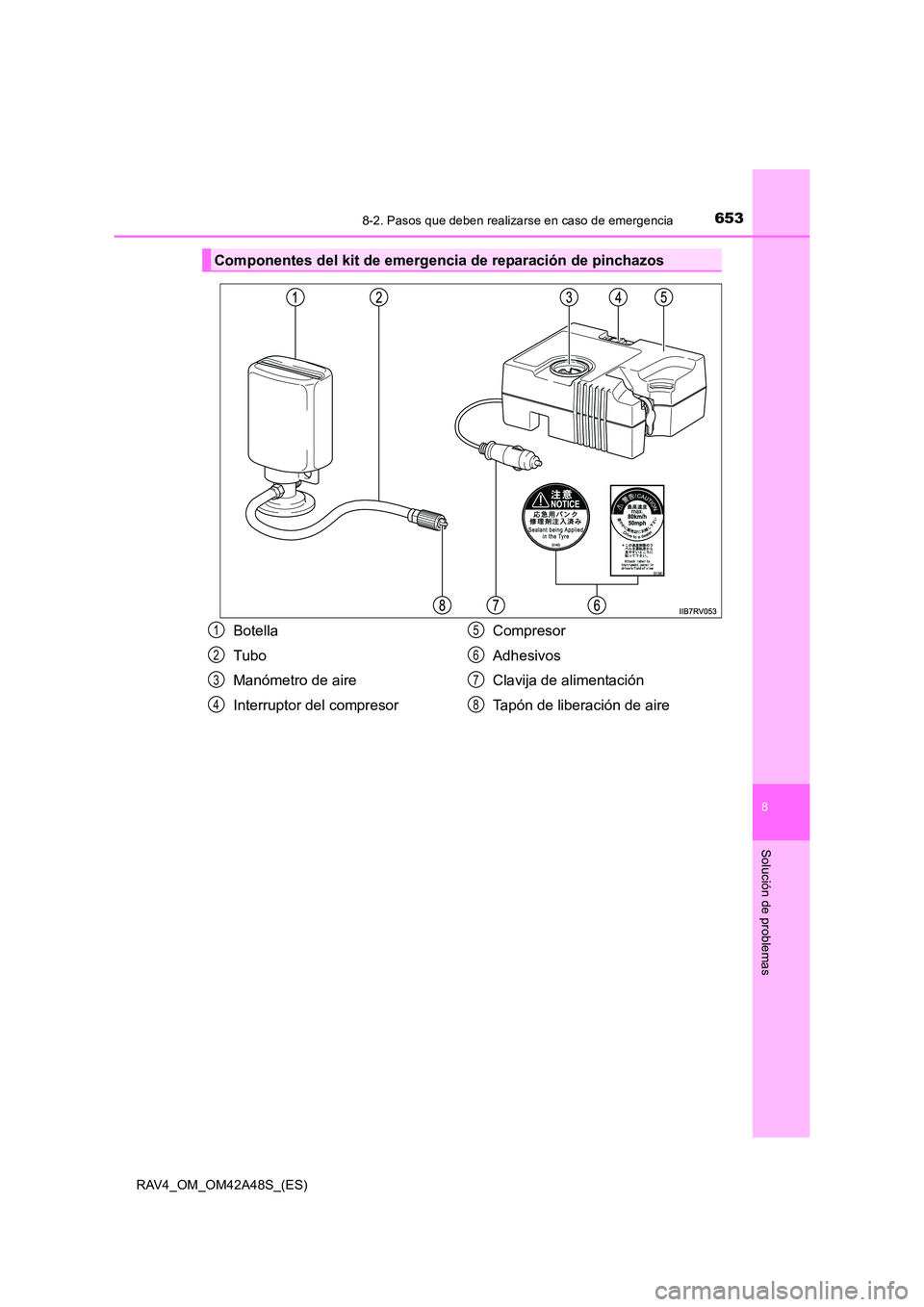 TOYOTA RAV4 2016 Manual del propietario (in Spanish) 6538-2. Pasos que deben realizarse en caso de emergencia
8
Solución de problemas
RAV4_OM_OM42A48S_(ES)
Componentes del kit de emergencia de reparación de pinchazos
Botella
Tubo
Manómetro de aire
In TOYOTA RAV4 2016 Manual del propietario (in Spanish) 6538-2. Pasos que deben realizarse en caso de emergencia
8
Solución de problemas
RAV4_OM_OM42A48S_(ES)
Componentes del kit de emergencia de reparación de pinchazos
Botella
Tubo
Manómetro de aire
In