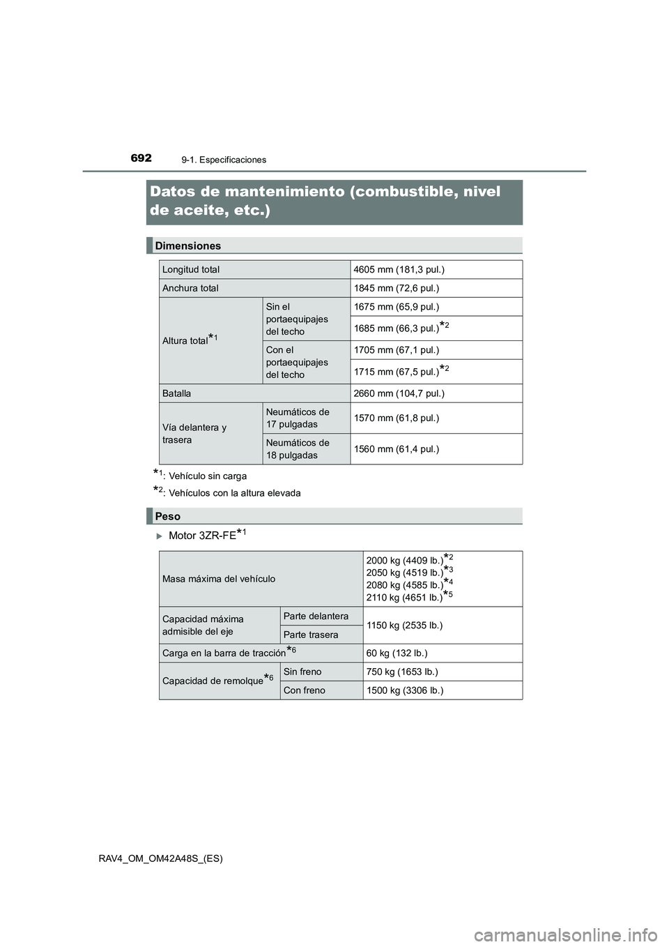TOYOTA RAV4 2016  Manual del propietario (in Spanish) 6929-1. Especificaciones
RAV4_OM_OM42A48S_(ES)
Datos de mantenimiento (combustible, nivel 
de aceite, etc.)*
1: Vehículo sin carga
*2: Vehículos con la altura elevada
�XMotor 3ZR-FE*1
Dimensiones
Lo