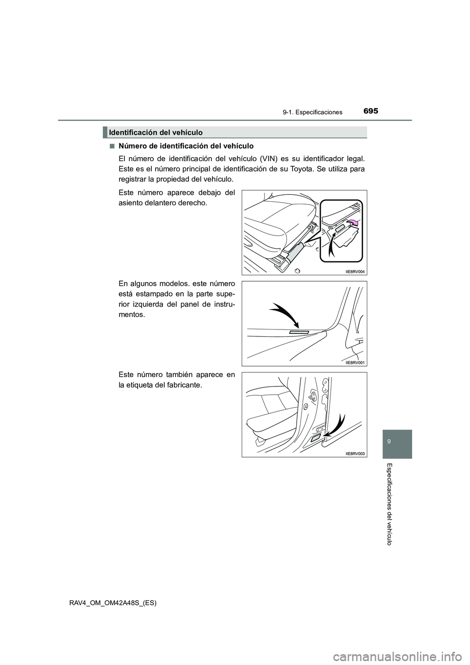 TOYOTA RAV4 2016  Manual del propietario (in Spanish) 6959-1. Especificaciones
RAV4_OM_OM42A48S_(ES)
9
Especificaciones del vehículo
■Número de identificación del vehículo
El número de identificación del vehículo (VIN) es su identificador legal.