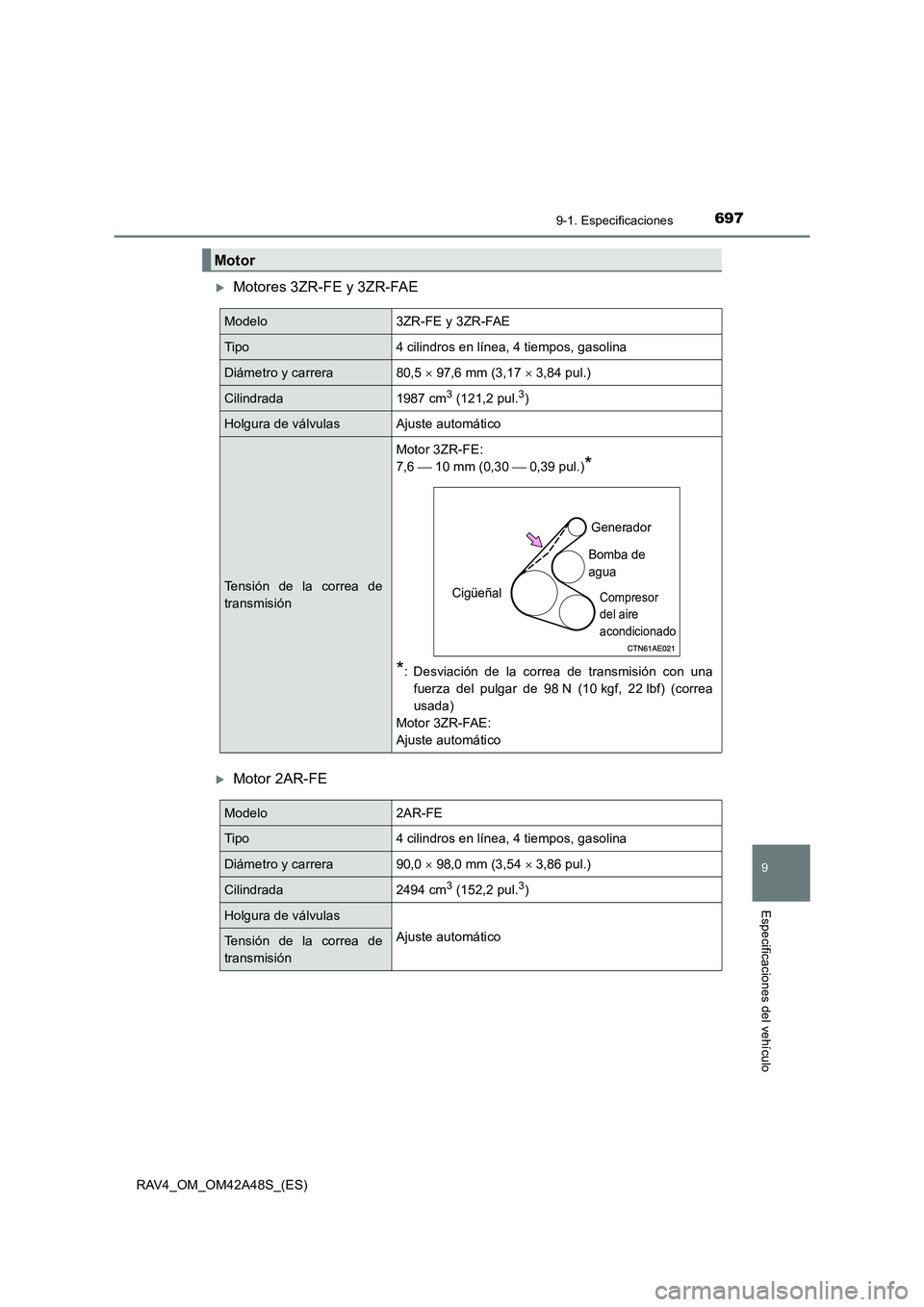 TOYOTA RAV4 2016  Manual del propietario (in Spanish) 6979-1. Especificaciones
RAV4_OM_OM42A48S_(ES)
9
Especificaciones del vehículo
�XMotores 3ZR-FE y 3ZR-FAE
�XMotor 2AR-FE
Motor
Modelo3ZR-FE y 3ZR-FAE
Tipo4 cilindros en línea, 4 tiempos, gasolina
Di