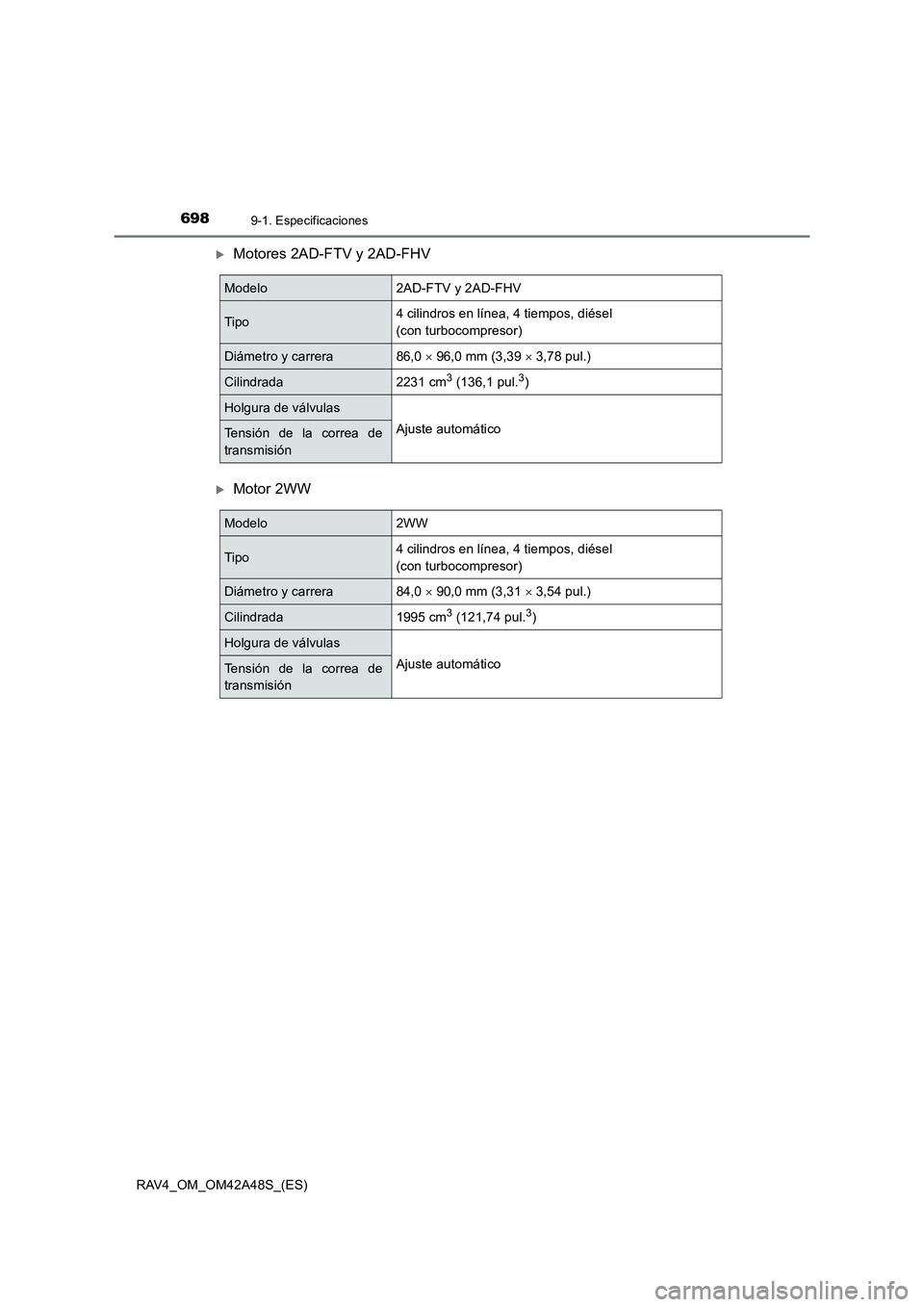TOYOTA RAV4 2016  Manual del propietario (in Spanish) 6989-1. Especificaciones
RAV4_OM_OM42A48S_(ES)
�XMotores 2AD-FTV y 2AD-FHV
�XMotor 2WW
Modelo2AD-FTV y 2AD-FHV
Tipo4 cilindros en línea, 4 tiempos, diésel 
(con turbocompresor)
Diámetro y carrera86