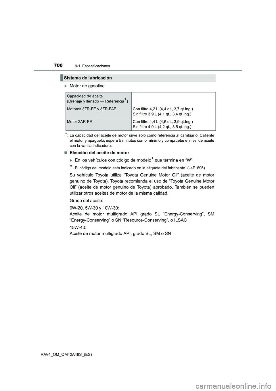 TOYOTA RAV4 2016  Manual del propietario (in Spanish) 7009-1. Especificaciones
RAV4_OM_OM42A48S_(ES)
�XMotor de gasolina
*: La capacidad del aceite de motor sirve solo como referencia al cambiarlo. Calienteel motor y apáguelo; espere 5 minutos como mín