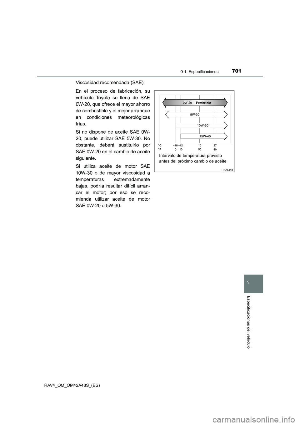 TOYOTA RAV4 2016  Manual del propietario (in Spanish) 7019-1. Especificaciones
RAV4_OM_OM42A48S_(ES)
9
Especificaciones del vehículo
Viscosidad recomendada (SAE):
En el proceso de fabricación, su
vehículo Toyota se llena de SAE
0W-20, que ofrece el ma