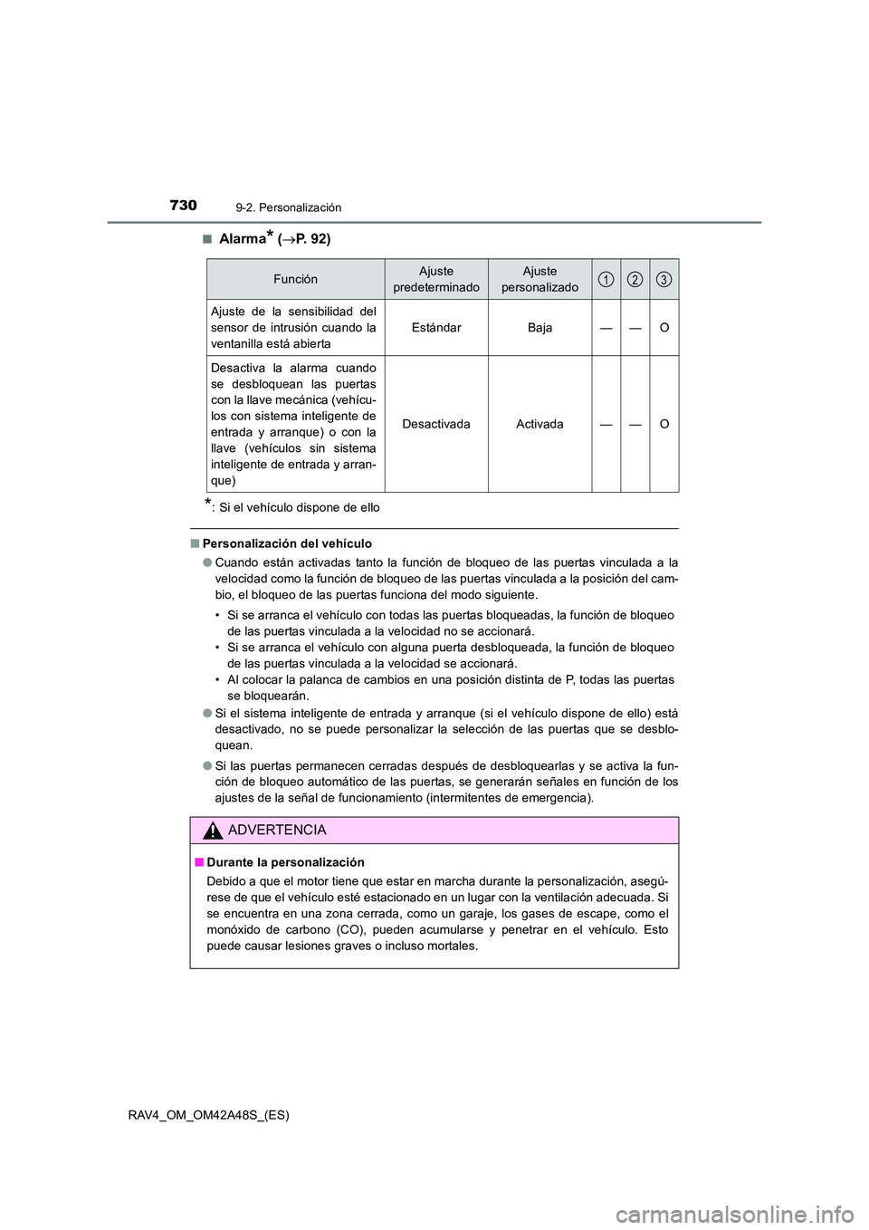 TOYOTA RAV4 2016 Manual del propietario (in Spanish) 7309-2. Personalización
RAV4_OM_OM42A48S_(ES)■
Alarma* (
→ P. 92)
*: Si el vehículo dispone de ello
■ Personalización del vehículo
●Cuando están activadas tanto la función de bloqueo de TOYOTA RAV4 2016 Manual del propietario (in Spanish) 7309-2. Personalización
RAV4_OM_OM42A48S_(ES)■
Alarma* (
→ P. 92)
*: Si el vehículo dispone de ello
■ Personalización del vehículo
●Cuando están activadas tanto la función de bloqueo de