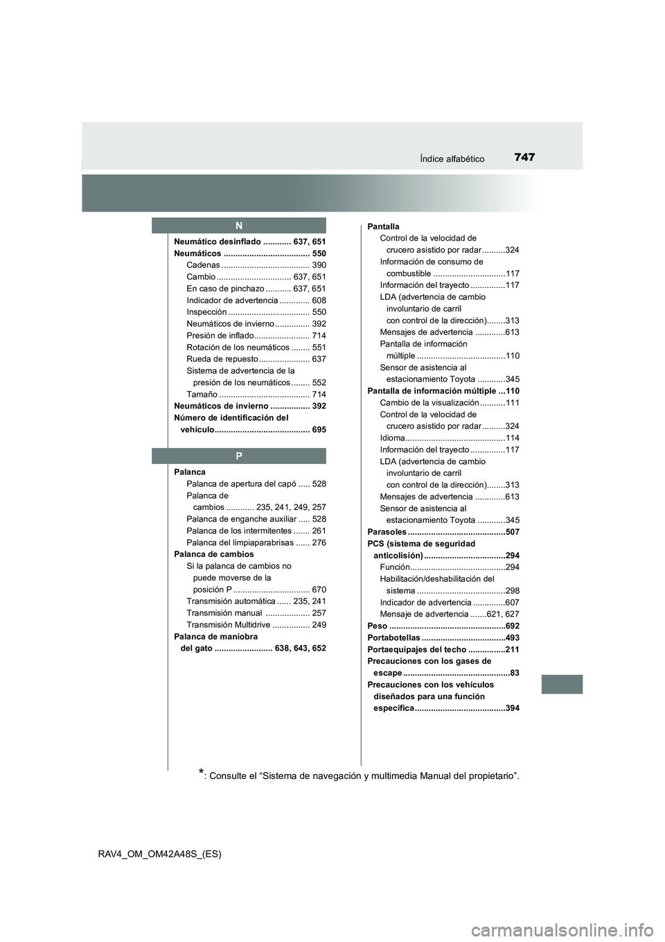 TOYOTA RAV4 2016 Manual del propietario (in Spanish) 747Índice alfabético
RAV4_OM_OM42A48S_(ES)
Neumático desinflado ............ 637, 651
Neumáticos ..................................... 550Cadenas ...................................... 390
Cambio TOYOTA RAV4 2016 Manual del propietario (in Spanish) 747Índice alfabético
RAV4_OM_OM42A48S_(ES)
Neumático desinflado ............ 637, 651
Neumáticos ..................................... 550Cadenas ...................................... 390
Cambio