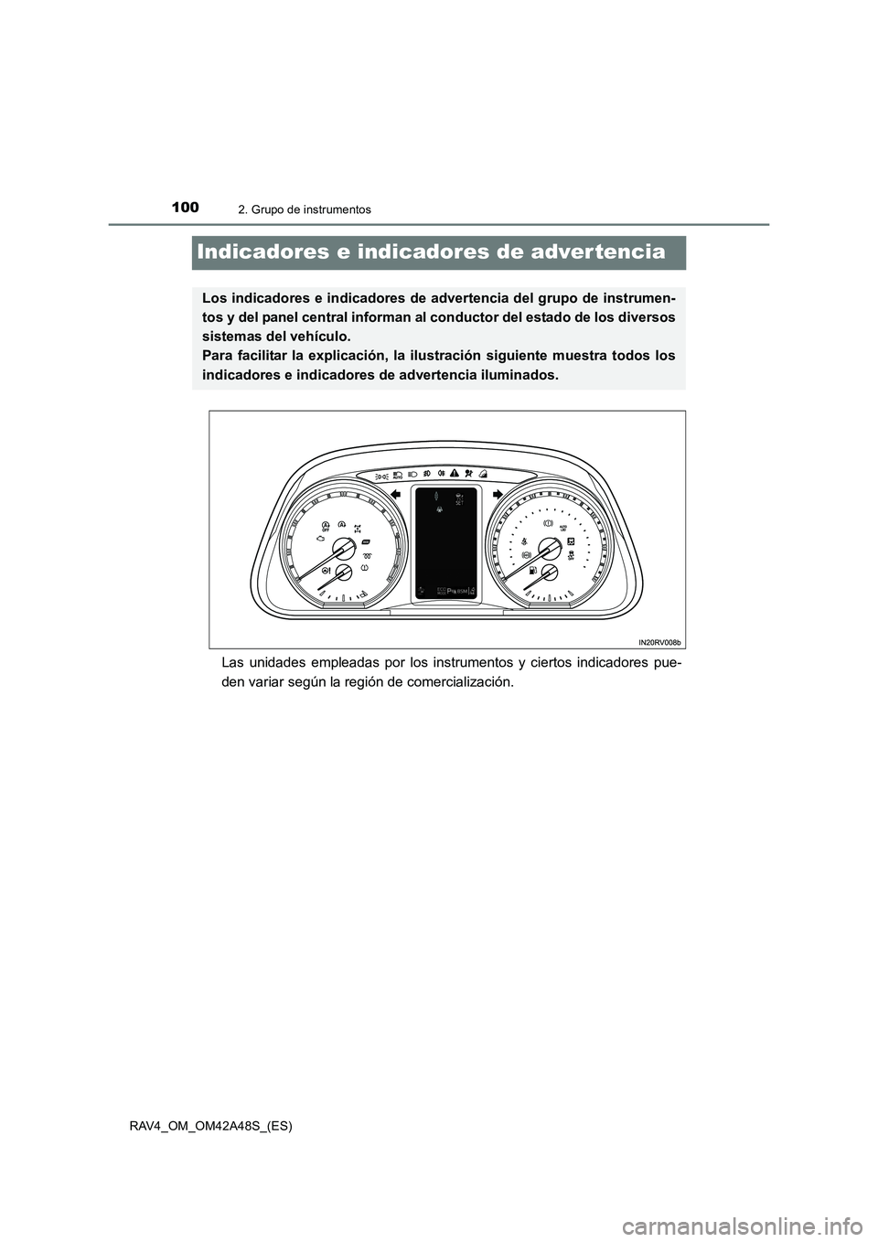 TOYOTA RAV4 2016 Manual del propietario (in Spanish) 1002. Grupo de instrumentos
RAV4_OM_OM42A48S_(ES)
Indicadores e indicadores de adver tencia
Las unidades empleadas por los instrumentos y ciertos indicadores pue-
den variar según la región de comer TOYOTA RAV4 2016 Manual del propietario (in Spanish) 1002. Grupo de instrumentos
RAV4_OM_OM42A48S_(ES)
Indicadores e indicadores de adver tencia
Las unidades empleadas por los instrumentos y ciertos indicadores pue-
den variar según la región de comer