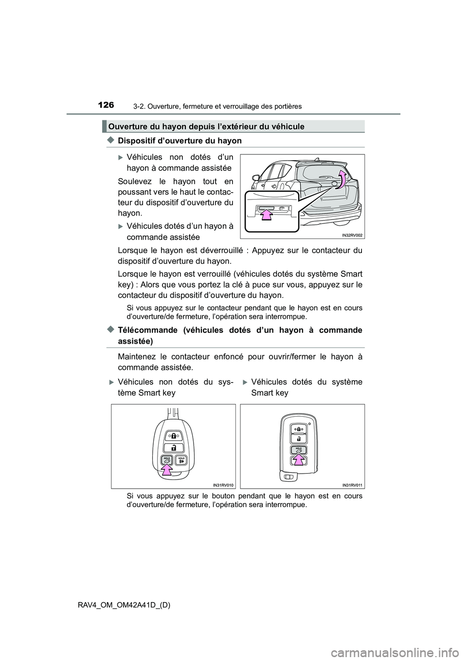 TOYOTA RAV4 2016  Manuel du propriétaire (in French) 126
RAV4_OM_OM42A41D_(D)
3-2. Ouverture, fermeture et verrouillage des portières
◆Dispositif d’ouverture du hayon
�XVéhicules non dotés d’un
hayon à commande assistée
Soulevez le hayon tout