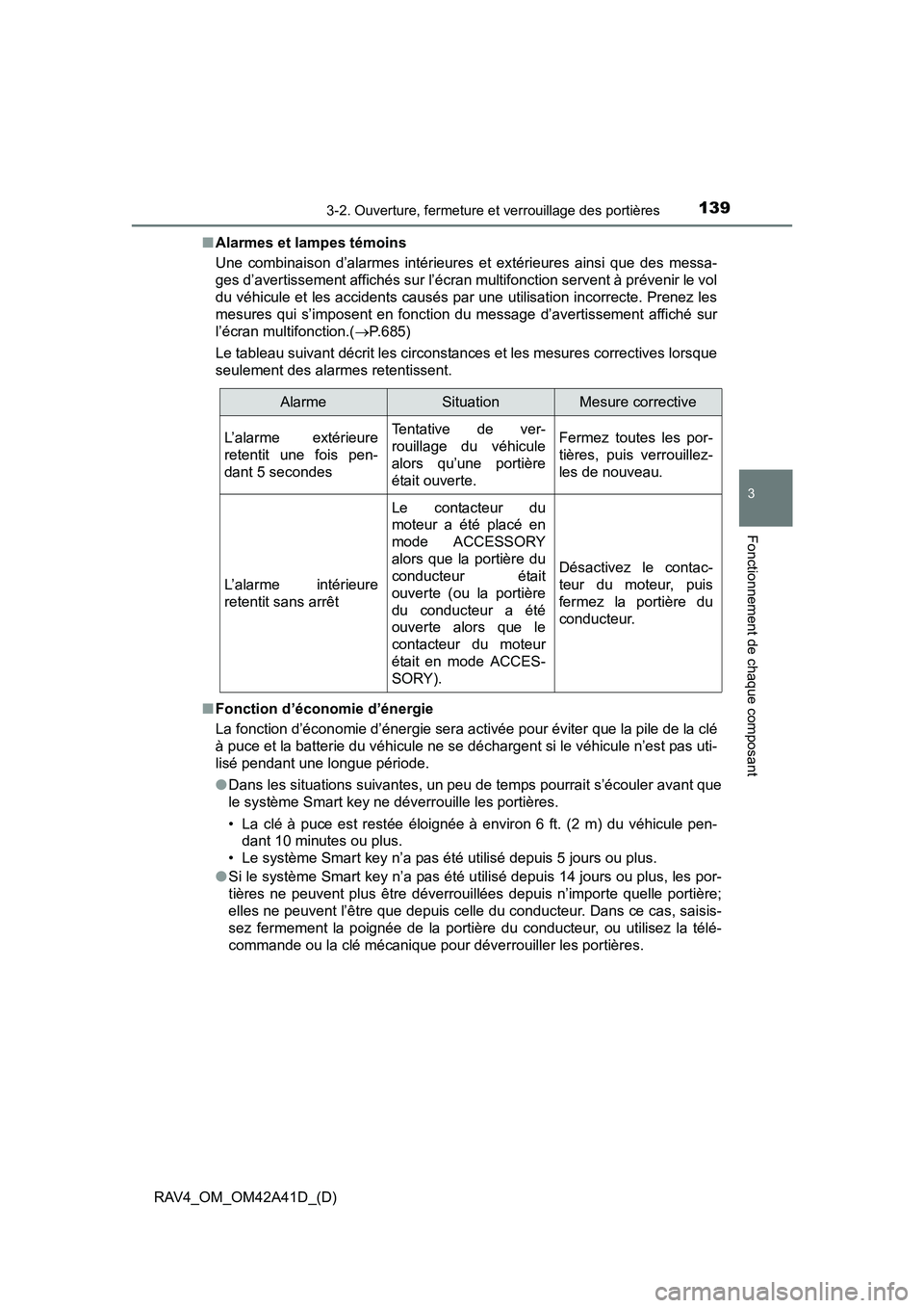 TOYOTA RAV4 2016  Manuel du propriétaire (in French) RAV4_OM_OM42A41D_(D)
1393-2. Ouverture, fermeture et verrouillage des portières
3
Fonctionnement de chaque composant
■Alarmes et lampes témoins
Une combinaison d’alarmes intérieures et extérie