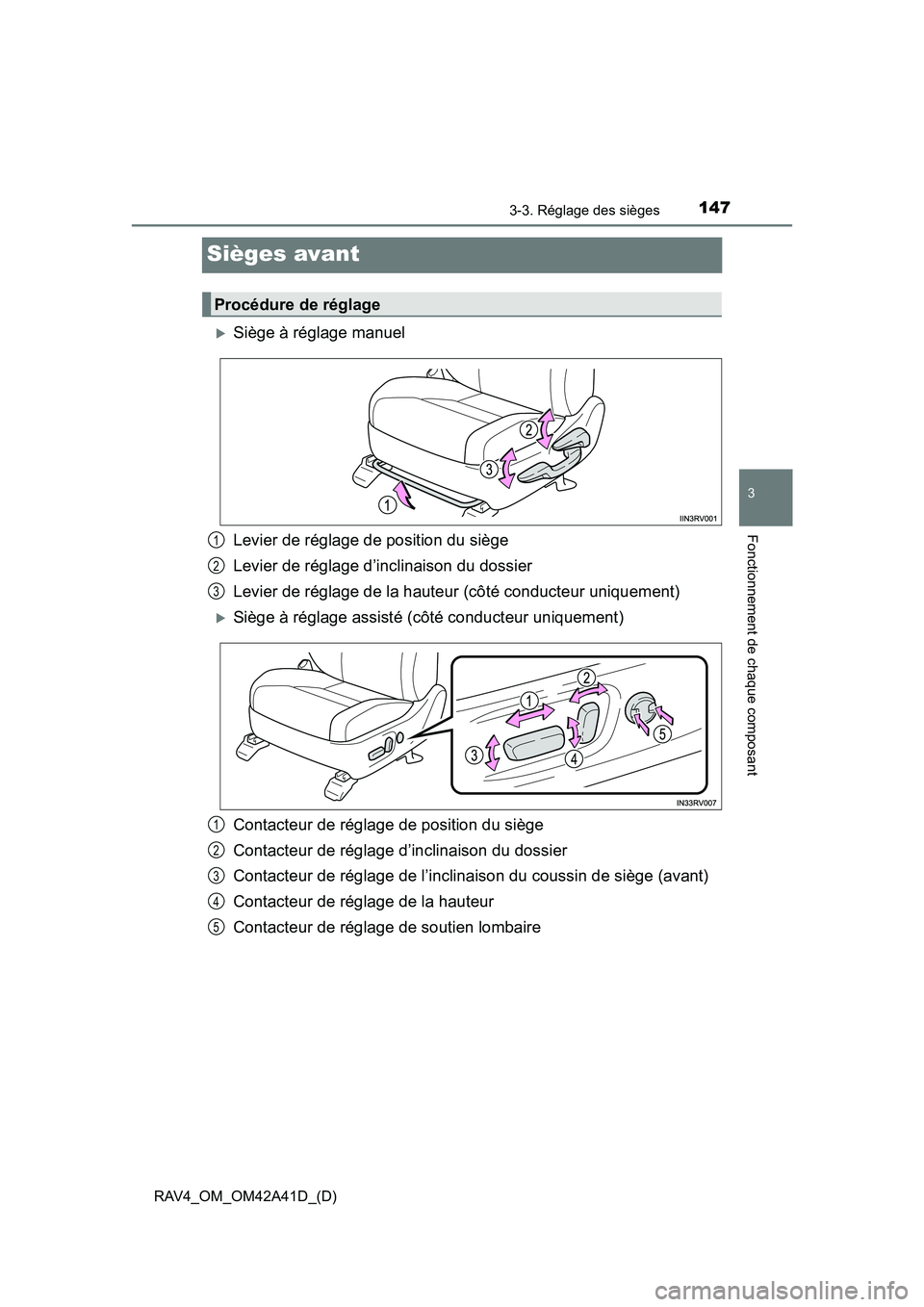 TOYOTA RAV4 2016  Manuel du propriétaire (in French) 147
RAV4_OM_OM42A41D_(D)
3-3. Réglage des sièges
3
Fonctionnement de chaque composant
Sièges avant
�XSiège à réglage manuel
Levier de réglage de position du siège
Levier de réglage d’inclin