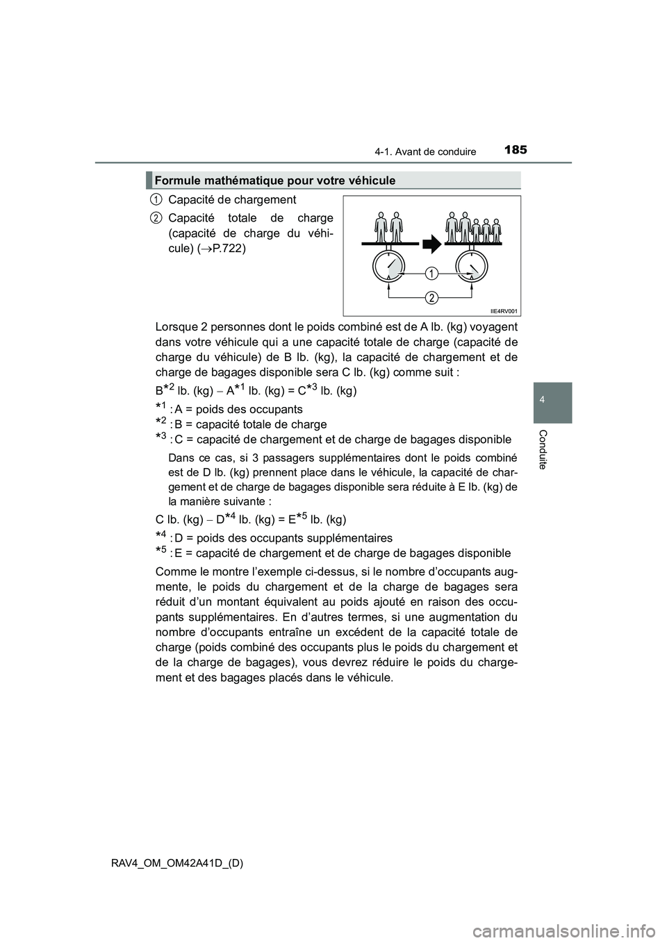 TOYOTA RAV4 2016 Manuel du propriétaire (in French) RAV4_OM_OM42A41D_(D)
1854-1. Avant de conduire
4
Conduite
Capacité de chargement
Capacité totale de charge
(capacité de charge du véhi-
cule) (→P.722)
Lorsque 2 personnes dont le poids combiné TOYOTA RAV4 2016 Manuel du propriétaire (in French) RAV4_OM_OM42A41D_(D)
1854-1. Avant de conduire
4
Conduite
Capacité de chargement
Capacité totale de charge
(capacité de charge du véhi-
cule) (→P.722)
Lorsque 2 personnes dont le poids combiné