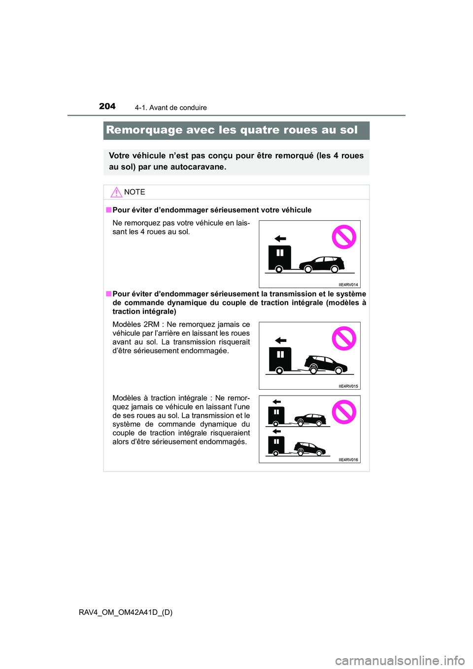 TOYOTA RAV4 2016 Manuel du propriétaire (in French) 204
RAV4_OM_OM42A41D_(D)
4-1. Avant de conduire
Remorquage avec les quatre roues au sol
Votre véhicule n’est pas conçu pour être remorqué (les 4 roues
au sol) par une autocaravane.
NOTE
■Pour TOYOTA RAV4 2016 Manuel du propriétaire (in French) 204
RAV4_OM_OM42A41D_(D)
4-1. Avant de conduire
Remorquage avec les quatre roues au sol
Votre véhicule n’est pas conçu pour être remorqué (les 4 roues
au sol) par une autocaravane.
NOTE
■Pour