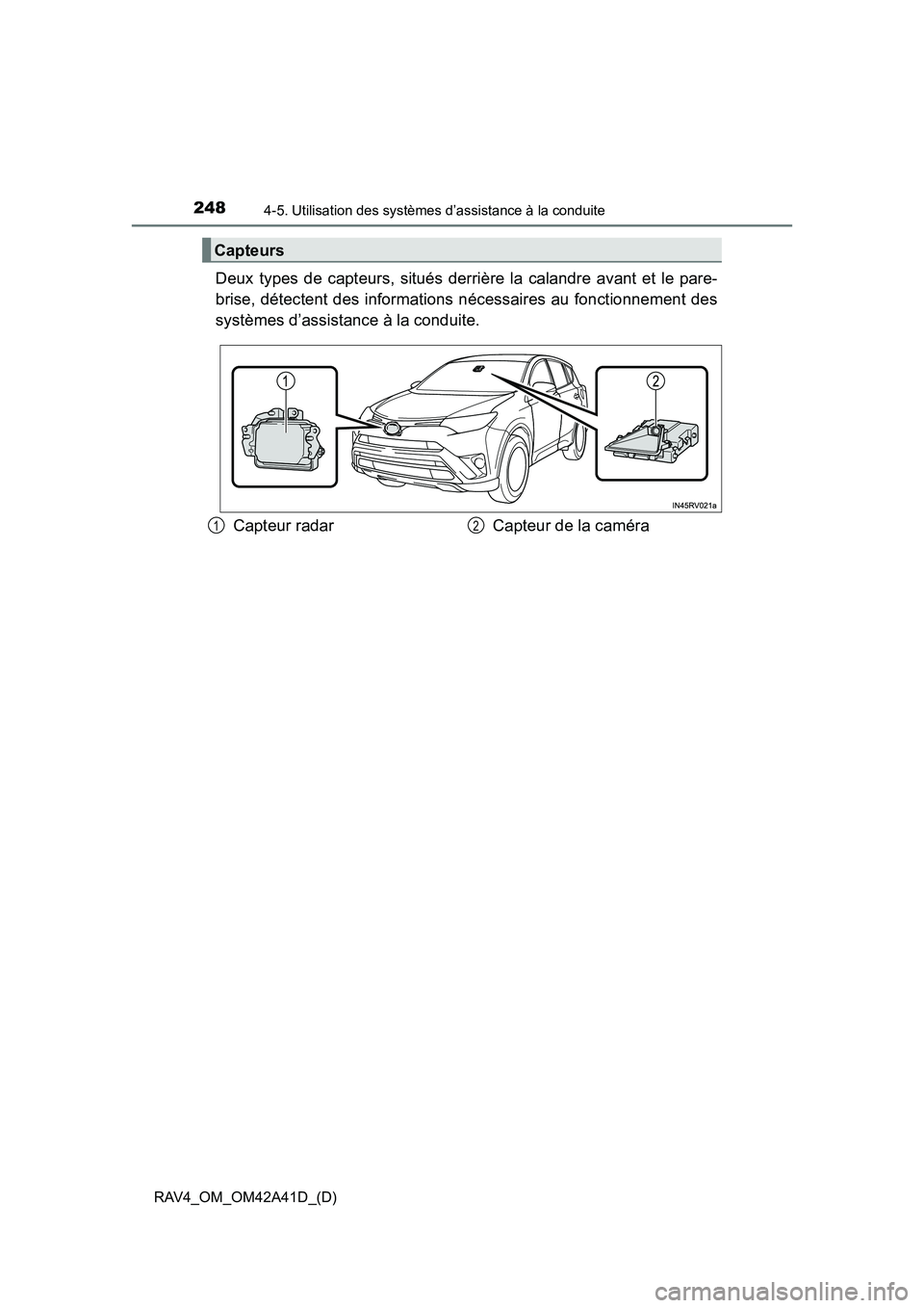 TOYOTA RAV4 2016  Manuel du propriétaire (in French) 248
RAV4_OM_OM42A41D_(D)
4-5. Utilisation des systèmes d’assistance à la conduite
Deux types de capteurs, situés derrière la calandre avant et le pare-
brise, détectent des informations nécess